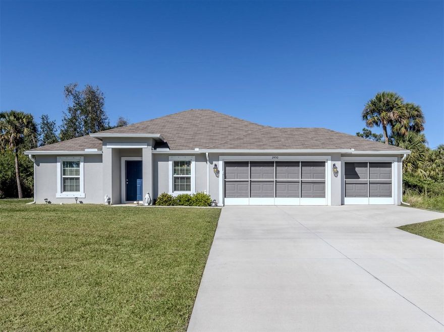 WELCOME HOME -  possible assumable low-interest rate mortgage available. No HOA fees or flood required. Three-bedroom, two-bath, three-car with additional den/office residence. Open light and airy floor plan. Kitchen boasts closet pantry, stainless appliances, white kitchen cabinets, granite countertops with breakfast bar and attached dining area. Front room has additional office or den area. Split bedrooms with primary bedroom accommodating walk-in closet, attached primary bath with dual sinks, granite vanity and walk-in shower. Second and third bedrooms with guest bath having tub and shower combo and granite countertops. Home has inside laundry room that leads into the three-car garage with additional garage screen to enjoy while the garage doors are up. Outdoor living includes screened-in lanai and a 15-foot above-ground pool all on an 80-by-125-foot low maintenance and landscaped lot.  Conveniently between U.S. 41 and Interstate 75, and Port Charlotte with abundant shopping and restaurants or drive and enjoy the Atlanta Braves and Rays ballparks or North Port Water Park. Plenty of outdoor parks that include playgrounds, recreational trails, boat and kayak launches to the Myakka River or have your pick of four gulf beaches, Manasota, Caspersen’s, Venice or Nokomis, to bask in the sun take a dip, hunt seashells or just watch a spectacular sunset. This is Florida living at its best!