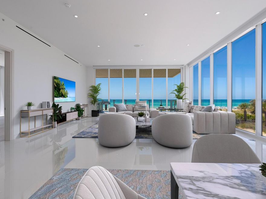 One or more photo(s) has been virtually staged. This exquisite residence at Sage LBK is a rare opportunity to own never-occupied new construction with luxurious amenities in a coveted gulf front location. One of only 16 residences in the just-finished Sage LBK, #102 has the most desirable orientation of the development with the closest position to the gulf and the most expansive views. Because of its position, this residence offers not only a large private terrace facing the gulf, but an expanded eastside terrace and extra exposures through the additional north-facing windows that showcase the water and landscape. The chic modern style throughout embodies minimalist elegance to enhance the spectacular hues of the white sand beach and azure gulf waters outside. A thoughtful floor plan maximizes comfort across more than 4,000 air-conditioned square feet and nearly 1,500 additional square feet of private outdoor space. The gulf front owners' suite opens to the beachside terrace for magnificent views and private lounging, and three en-suite guest rooms are situated at opposite end of the residence for optimal privacy. The owners’ suite features a massive dressing room with custom built-in closet system and a luxurious bath with extra-long floating vanity and dual sinks, mirrors with integrated LED lighting, enormous glass-enclosed shower with rain head, deep soaker tub and separate water closet. Each additional bedroom offers en-suite luxury. The largest two guest bedrooms include walk-in closets and direct access to the expanded east-facing terrace. Adding to the specific versatility of this residence, there is a bonus full bath adjacent to a petite chamber that offers potential as occasional guest space or a personal lounge or office. A dedicated utility room with high-capacity washer and dryer adds functionality. In the open-concept main living space, a magnificent great room stretches from the private foyer to the gulf front terrace with floor-to-ceiling glass on the western and northern sides for dawn-to-dusk natural light and showstopping wraparound views. The enormous sitting area opens seamlessly to the outdoor space through full-height glass sliding doors. Overlooking the living and dining spaces, a gourmet kitchen features premium Wolf appliances including gas range, wall ovens, under-counter microwave, dishwasher and beverage refrigerator, as well as a paneled Sub-Zero refrigerator integrated into the sleek cabinetry. An oversized island with waterfall counters adds ideal prep surface and seating space. The gulf front terrace includes a full summer kitchen with gas grill, sink and refrigerator. Glass railings on the terraces ensure unobstructed views from every angle. Premium features throughout, including Waterworks fixtures, wood flooring, recessed LED lighting, and smart home integrations add to the exceptional style and comfort. Newly built and never lived in, this home is a spectacular opportunity to enjoy a sprawling personal retreat with the luxurious lifestyle of Longboat Key. Sage LBK captures the scenic beauty of this natural paradise with fabulous amenities including a private two-car garage, 24-hour concierge, fitness room, gated entry, saltwater pool with sun shelf, spa, firepit and a private beachfront spanning 260 feet. Along with incredible comfort and security, this boutique-scale development offers unique wellness design and true resort-style living. Visit www.sagelongboatkey.com for details on this spectacular community.