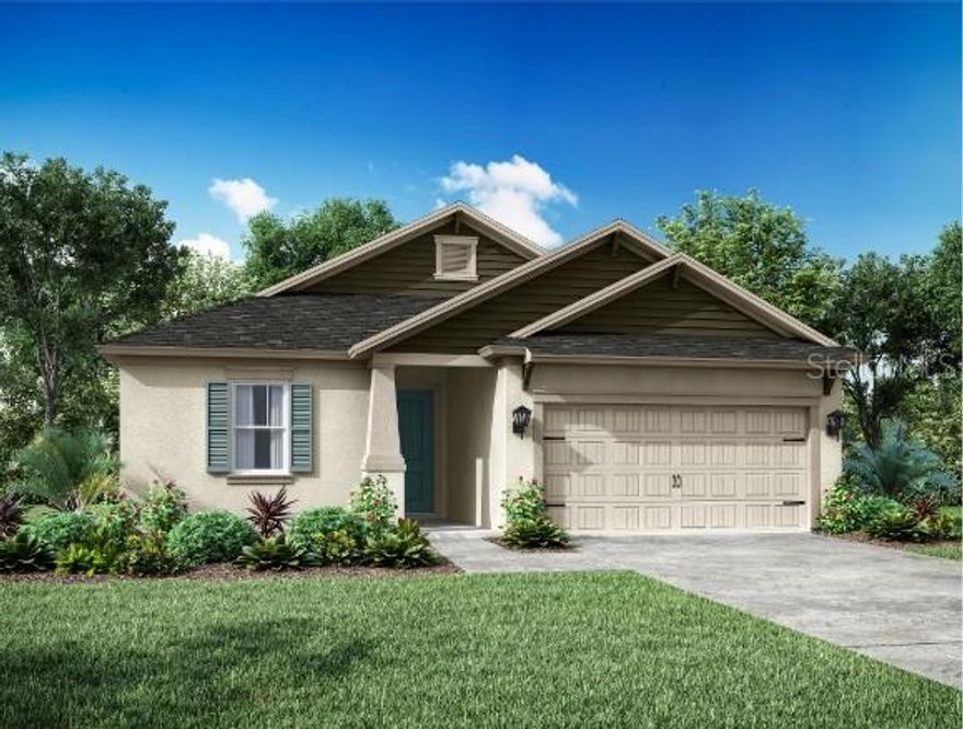 Under Construction. Spacious single-story home offering 1977 square feet of thoughtfully designed living space. This open-concept floor plan includes four bedrooms, three bathrooms, and a two-car garage, perfect for growing families or those who love to entertain. The bright and airy great room flows seamlessly into the eat-in kitchen, featuring a central island, generous pantry, and access to a covered lanai and pool for indoor-outdoor living. Tall ceilings and natural light enhance the home’s open feel, while a formal dining area provides an elegant space for gatherings. The owner’s suite offers a private retreat with a large walk-in closet and a luxurious bath with dual sinks and walk-in shower. The elevation is a rending only and not the final finishes/color choices.  All measurements are approximate.