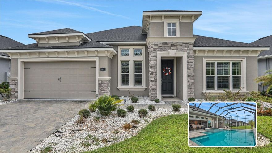 Where coastal living meets modern sophistication.
Welcome to 402 Aquamarine Way - a recently built, move-in-ready retreat that blends timeless design with true resort-style comfort. With 4 bedrooms, 3 baths, and a versatile flex space, this home adapts beautifully to the way you live, work, and unwind. The heart of the home is the jaw-dropping kitchen, anchored by an 11-foot quartz island, suited for entertaining & everyday ease. Step outside to your own private oasis: a sparkling saltwater pool and spa framed by tropical landscaping, overlooking a tranquil pond, offering the ultimate setting for Florida living year-round. Whether it's morning coffee on the lanai or sunset soaks, every day feels like a staycation.Other standout features include an EV charger in the garage, upgraded finishes throughout, and a smart, functional floor plan in one of Daytona Beach's newest, most conveniently located neighborhoods with the best amenities