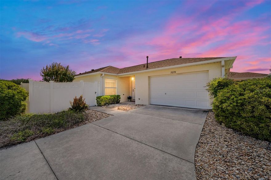 NO BOND*TURNKEY*CORNER LOT  This Beautiful Courtyard Cameron Villa is located in the Desirable Village of Calumet Grove, Known for Friendly Neighbors, Active Social Calendars, Golf Cart Convenience, and Easy Access to Everything that Makes The Villages so Special. 
You will appreciate the low-maintenance landscape and inviting entrance. Step inside to a bright, warm interior where the open-concept living, dining, and kitchen areas flow seamlessly together, enhanced by gorgeous LVP flooring throughout. The spacious kitchen features an abundance of cabinetry, stainless steel gas appliances, a closet pantry, and a generously sized breakfast bar- perfect for casual dining or entertaining. The light-filled living area opens directly to the screened lanai. This private, outdoor space is ideal for entertaining guests or relaxing with your favorite beverage. The gated backyard is private, and perfect for pets or an outdoor retreat with room for a pool or fire pit. The master bedroom is tranquil, with a large walk-in closet and sliding glass doors that open onto the lanai. Guests will feel at home in the additional bedroom, with an adjacent full bath and linen closet, complete with a pocket door for added privacy. Conveniently located- just a 2-minute golf cart ride to pool and mailboxes! Roof 2021* A/C 2018 Don’t miss this incredible opportunity – schedule your private showing today!