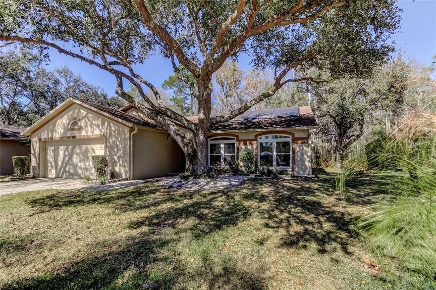 This unique home exudes character and is located on a peaceful conservation lot with no rear neighbors situated within the secure, gated community of East Lake Woodlands!  The minute you step inside this charming home, you'll be captivated with impressive design features such as stone accents, glass block, mirrored walls and doors that display vibrant color prints contributing to the home’s style and appeal!   The impressive living area has a stone-face fireplace and attractive laminate flooring.  The kitchen with solid surface counters, stainless steel appliances, a wine refrigerator, stackable washer/dryer and closet pantry offers an abundance of cabinets and counterspace, complemented by plant shelves for additional decor!  The home has a split bedroom layout for maximum privacy.  The primary bedroom offers an ensuite bath with soaking tub, double vanities, a step in shower with artistic tile and relaxing shower jet system.  A versatile bonus room with French Doors at the front of the home, provides endless possibilities, whether you require a guest room, office, playroom, reading nook, den or exercise room.  Both bedrooms and the bonus room are outfitted with striking wall-mounted wood closet organizer systems.  Sliding doors from the living room open fully to a screened porch, which leads to a pavered patio offering serene views of nature – a perfect place to unwind and enjoy the outdoors!   Your new home is equipped with a Tesla home battery system powered by solar panels and includes 3 powerwalls, all paid off!   Additional features include a water filtration system, sprinkler system and impact-resistant windows and sliding doors for peace of mind and energy efficiency.     The craftsman of the home will appreciate the garage with its working table, storage cabinets, an auto-rewind air hose reel, an overhead drop cord with electrical outlet and convenient sink.  The roof was installed in 2016, AC in 2012 and water heater in 2014.   Enjoy low HOA fees, NO CDD fees and non-Flood Zone X.   Living in East Lake Woodlands provides a casual way of living surrounded by natural beauty, wildlife, walking paths, conservation areas, ponds and lakes.  The Ardea Country Club offers residents membership options for their resort style amenities which include two 18 hole championship golf courses, driving range, tennis and pickleball courts, lap and freeform pools, clubhouse, dining, fitness center, children's clubs and social activities.  This premier location is close to major medical facilities, entertainment venues, a wide array of restaurants, malls, parks, marinas, sporting events and concerts.  There’s easy access to Honeymoon Island, Clearwater Beach and both Tampa International Airport and St. Pete/Clearwater Airport are just a 35 minute drive away.  This home is truly a must see for those looking for privacy, modern conveniences and a relaxing lifestyle!