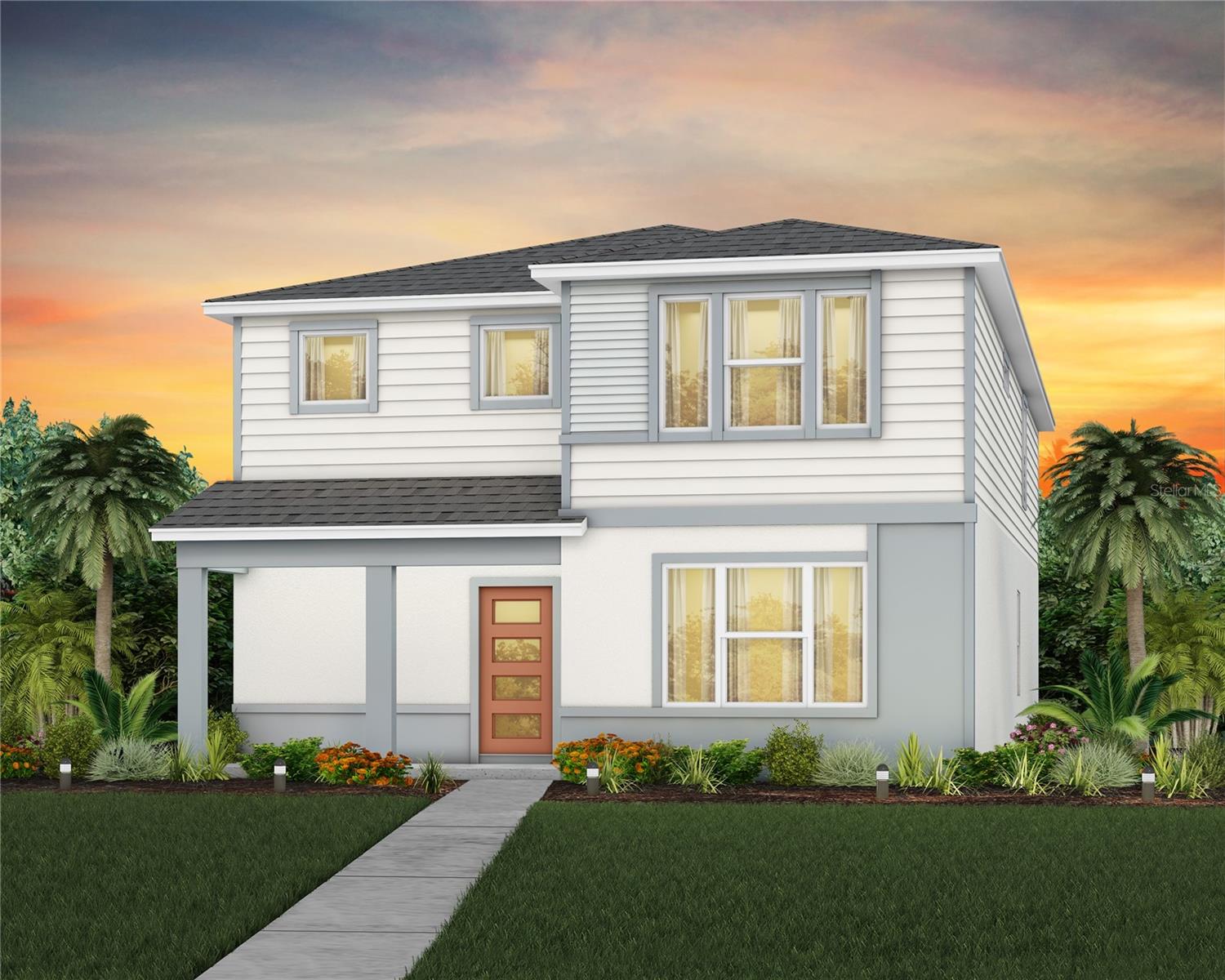 Under Construction. EverBe is a new master planned community where convenience and connections combine to create a new standard for home. Located in Orlando with quick access to 417 & 528, this lifestyle community will offer miles of pathways & trails, wi-fi-enabled green spaces, unique outdoor recreation areas, a fitness center, a clubhouse complex with resort pool, 2G internet, and a waterfront amenity and town center. Get excited for EverBe - everything home should ever be!
Introducing the Talbot bungalow by Pulte, a luxurious new construction home that masterfully blends modern design with everyday convenience. This Modern-inspired home offers 5 bedrooms, 3 bathrooms, a loft, a covered lanai, and a 2-car rear-load garage—creating a space that is both stylish and functional. As you enter, a stunning wrap-around staircase sets the tone, leading into an open-concept living area designed for effortless flow. A private hallway off the foyer features a guest bedroom and full bath, providing a perfect space for visitors. The heart of the home is an expansive kitchen, café, and gathering room, all with seamless access to the covered lanai, ideal for indoor-outdoor living. The chef’s kitchen is a standout with its large center island, corner walk-in pantry, and Whirlpool stainless steel appliances, including a refrigerator. Tilden White cabinetry, decorative tile backsplash, and Lyra quartz countertops add sophistication and practicality to the space. Upstairs, the luxurious owner’s suite is tucked away at the front of the home for ultimate privacy. The spa-inspired en suite bathroom features a glass-enclosed shower, a quartz-topped dual vanity, and a spacious walk-in closet, offering a true sanctuary. Three additional bedrooms, located down their own private hallway, share a full bathroom, ensuring comfort and privacy. The second floor also boasts two linen closets, a laundry room, and a large loft area, perfect for flexible living. Thoughtful luxury touches throughout the home include porcelain tile flooring on the first floor (except for the first-floor bedroom, which is carpeted with plush, stain-resistant Shaw brand carpet), carpeting on the staircase and second-floor bedrooms, a washer/dryer, and 2” faux wood blinds. With its combination of luxury, convenience, and modern design, the Talbot bungalow is the perfect place to live and unwind in style.