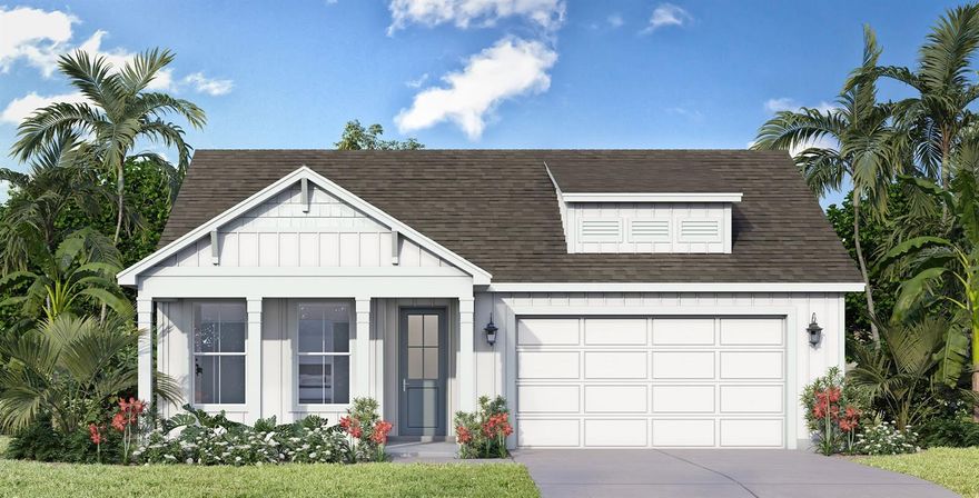 Under Construction. Welcome to the highly desirable Trailside community, where this beautifully designed one-story home is currently under construction and thoughtfully crafted with today’s most sought-after features and finishes. Offering 1,862 square feet of living space, this three-bedroom, two-bath residence combines style, functionality, and modern convenience. The exterior showcases attractive brick paver driveway and lanai areas, adding timeless curb appeal and outdoor living appeal. Inside, 12x24 ceramic tile flooring extends throughout all main living areas, creating a clean and elegant look. The open-concept kitchen is designed for both everyday living and entertaining, featuring quartz countertops, 42-inch upper cabinets, and included appliances such as a microwave, range, and dishwasher. The spacious layout includes generously sized bedrooms and a private primary suite designed for comfort and relaxation. Eight-foot interior doors throughout the home, along with an 8-foot garage door, add to the home’s upscale feel and spacious design. Additional features include a full irrigation system and smart home technology package with an IQ smart home panel, video doorbell, and smart lock keypad on the front door for enhanced convenience and security. Located in the desirable Trailside community, this under-construction home offers the perfect opportunity to own a brand-new home with modern finishes in an exceptional location.