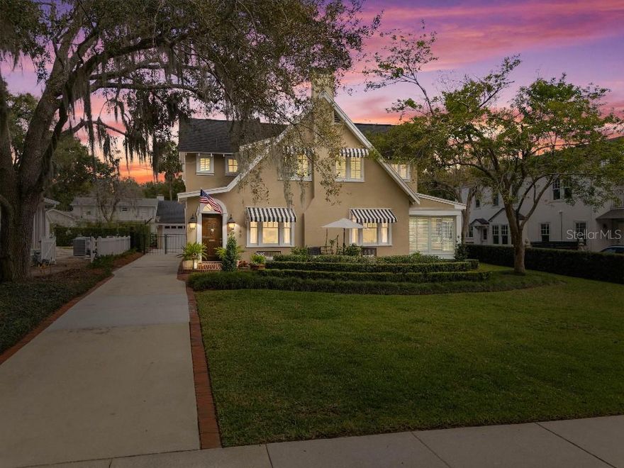 Welcome to this beautifully renovated century home on one of the most picturesque brick streets in Olde Winter Park. Take a leisurely stroll down to Lake Mizell or enjoy the views from its large front patio. This classic pool home is filled with charm, natural light and is designed for easy entertaining. The spacious layout offers multiple rooms for every occasion, including a bright sunroom, cozy living room with a fireplace, and a large welcoming family room. The gourmet kitchen features custom wood cabinets, quartzite counters, a convenient office nook and an adjoining breakfast room, while the formal dining room boasts elegant moldings and built-in corner cabinets. A secret basement presents options for additional storage or a wine cellar. 
The second floor features a generously- sized master suite, two additional bedrooms, two updated baths, and a versatile nursery or bonus room, perfect for a study or home office. The property includes a detached two-car garage and a charming guest house with a bedroom, bath, and loft area. 
Newly renovated resort back yard includes heated salt water pool and spa, multiple seating areas, complete with gas hookups for fire pit and outdoor kitchen and a maintenance-free travertine and turf pool scape. You’ll love the inviting ambiance of both this home and its vibrant Winter Park location.