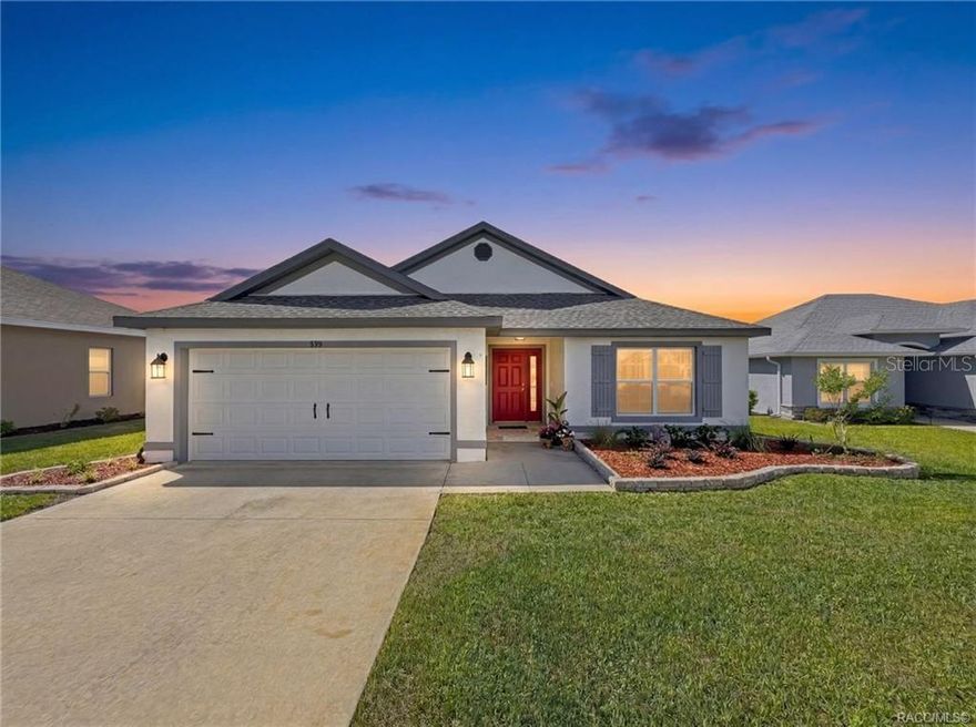 Welcome to this beautifully crafted 2024 home situated on a premium golf course lot with stadium like views in Beverly Hills, Florida. Offering 2,119 living square feet (2,840 total) on a .21-acre parcel, this 3-bedroom, 2.5-bath residence blends modern construction with thoughtful custom upgrades throughout. Step inside to find custom wood accent walls, recessed lighting, quality fans and fixtures and a seamless mix of laminate flooring in the main living areas and plush carpet in the bedrooms. The spacious kitchen is designed for both everyday living and entertaining, featuring an oversized granite breakfast bar, stainless steel appliances, tons of wood cabinets, large pantry, all of this offering you ample workspace. The primary suite is a spacious retreat. In the bathroom you will find an extra-long granite countertop with dual sinks, a beautifully tiled walk in shower and not one but two walk-in closets. A rare bonus, both the 2nd and 3rd bedrooms also includes its own walk-in closet. Bathrooms are upgraded with granite countertops and beautifully tiled showers. Function meets convenience with a well-equipped laundry room complete with shelving and a utility sink. The two-car garage offers additional storage plus a built-in workbench—ideal for hobbies or organization. Enjoy Florida living year-round on the lanai, complete with two outdoor ceiling fans. The hurricane shutters for added peace of mind. The whole yard has irrigation making you the envy of the neighborhood. Located within a golf course community, residents have access to a course along with a clubhouse featuring a restaurant, pro shop, and driving range—bringing resort-style amenities right to your doorstep. Conveniently positioned near shopping, dining, and everyday essentials, this home also offers easy access to medical facilities, local parks, and outdoor recreation. Just a short drive away, you’ll find the natural beauty of Florida’s Nature Coast, including nearby springs, rivers, and the Gulf—perfect for boating, fishing, kayaking, and enjoying the outdoors year-round. This home delivers comfort, quality, and lifestyle—schedule your showing today.