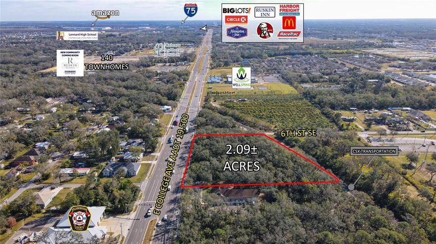 The opportunity is to purchase 2.09± acres in Ruskin, FL on E College Ave at the intersection of 6th St SE within Hillsborough County.
The property is situated conveniently just .5 miles east of US Hwy 41 (S Tamiami Trail) and 2.5 miles west of I-75, allowing great ease of
access both north/south and east/west. The site is zoned RDC-12 (Residential) but can potentially be rezoned for a variety of general
commercial uses.