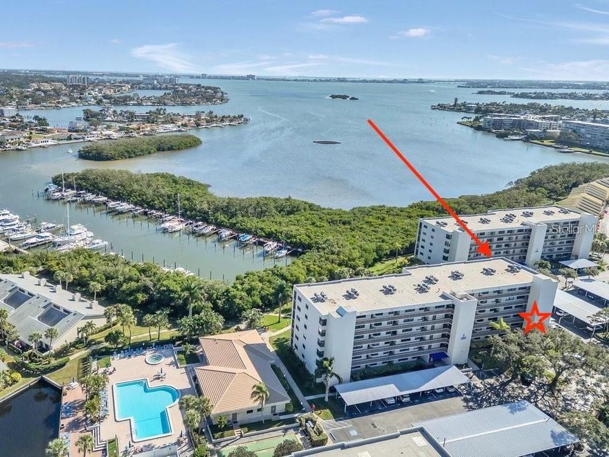 RARE OPPORTUNITY FOR ALL AGES TO ACQUIRE A PIECE OF PARADISE IN A 3RD FLOOR CORNER UNIT SOAKED WITH NATURAL LIGHT, SET IN THE GATED WATERFRONT RESORT-LIKE COMMUNITY OF PASADENA COVE, CHECKING ALL THE BOXES FOR OPTIMAL FLORIDA LIVING!  Marvel at the breathtaking sunrises that greet each day while enjoying the refreshing breezes on your screened-in BALCONY and catching sunsets on the opposite side of the home from you kitchen and guest bedroom.  The thoughtfully designed split floor plan enhances privacy; the spacious primary suite includes an ensuite step-in shower and a custom organized walk in closet, while the guest bathroom boasts a tub.  The unit features tile and wood flooring throughout, a full-size WASHER/DRYER in your private laundry room, a pantry, generous closet space with an extra storage locker in the building, COVERED CARPORT SPACE #390, EV charging stations available, with options for bike, boat, and trailer storage as well.  Additional amenities include a heated pool and spa, shuffleboard, pond with relaxing fountain, renovated clubhouse that hosts social gatherings along with a fitness center, billiards room, and a private marina where you can rent or buy DEEP WATER BOAT SLIPS when available.  As you stroll through the meticulously kept grounds you will be amazed at the nearby amenities outside the complex with everything you could need, AND just minutes away from pristine Gulf Beaches and a short ride to Tampa International Airport and vibrant downtown Gulfport and St. Pete. PETS ARE WELCOME, 90 day rentals allowed, low HOA fee covers just about everything including building insurance, water, trash, sewer, cable tv and internet, and for peace of mind THE MILESTONE INSPECTION HAS ALREADY BEEN COMPLETED WITH THE REPORT AVAILABLE AND NO ASSESSMENTS. For immediate enjoyment this home could also come turn key furnished with the right offer, don't let this one get away, make your appointment to see this property today.