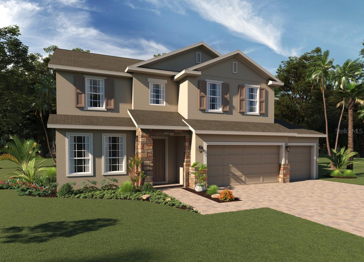 Step into luxury with this move-in ready Exbury plan, perfectly situated on a spacious corner lot backing up to a serene park. Offering 3,800 sq. ft. of thoughtfully designed living space, this stunning home features 5 bedrooms, 3.5 baths, a private den, and a 3-car garage. The open-concept layout highlights a dramatic 2-story Family room that flows seamlessly into a well-appointed kitchen with 42" cabinets, granite countertops, oversized kitchen island, stainless steel appliances (including refrigerator), and a walk-in pantry. The expansive first-floor Primary suite is a true retreat, featuring two walk-in closets, dual adult-height vanities, a free-standing soaking tub, and a tile-surround walk-in shower. Enjoy indoor-outdoor living with a spacious covered lanai, perfect for entertaining. Designer touches include tile flooring in 1st floor main living areas, engineered hardwood on stairs, 9'4" first floor ceilings, 5¼" baseboards, window blinds throughout, and elegant stone exterior accents, with brick paver driveway and lead walk. Trinity Lakes offers a fantastic oversized resort style pool, splash pad, multiple playgrounds, dog park, walking trails, fishing pier, and fitness center. All of the schools are located within ten minutes of community, and shopping and dining are nearby. Conveniently located with easy access to major thoroughfares.