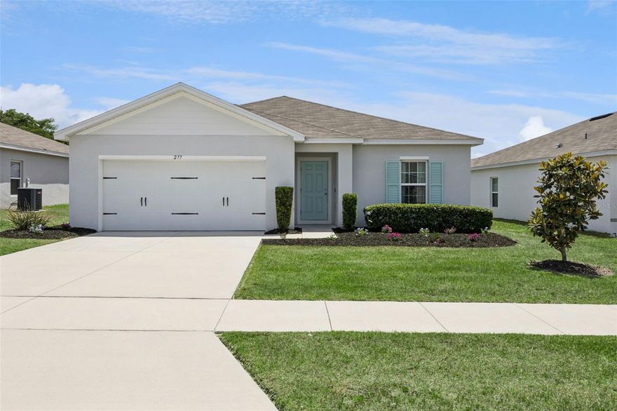 Welcome to one of the most desirable homes currently available in Davenport, offering a rare combination of newer construction, a private pool, and upgraded outdoor living, all under $400,000. Built in 2021, this 4-bedroom, 2-bath home features an open and functional layout with easy-care tile flooring throughout the main living areas, creating a clean and modern feel. The kitchen is equipped with granite countertops, white cabinetry, and all appliances included, refrigerator, washer, dryer, and even an additional garage refrigerator, making this home truly move-in ready. Step outside to your private backyard retreat, where a 2023 custom pool takes center stage. Designed for both relaxation and entertaining, it features a paver deck, color-changing lighting, a beach-entry style lounging area, and a fountain feature, creating a true Florida resort-style experience. The fully fenced yard with off-white vinyl fencing, lush St. Augustine grass, and no rear neighbors provides added privacy and space to enjoy. Additional highlights include a low HOA of just $606 annually and NO CDD fee, helping keep monthly expenses down while still enjoying a well-maintained community. This home stands out as one of the only properties under $400K in Davenport with a private pool and under 5 years old, making it a rare opportunity for both homeowners and investors alike.