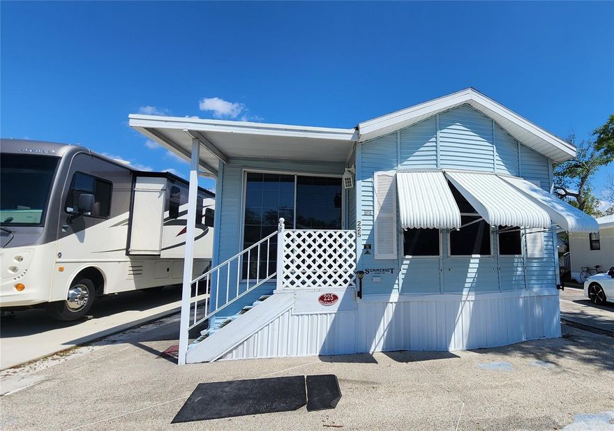 LOOKING FOR A FLORIDA GETAWAY PROPERTY? Consider this one bedroom, 1 1/2 bathroom mobile home in Sugar Creek Resort. The furnished home features a comfortable living area, eat-in kitchen, den which could be used for extra sleeping options, one-of-a-kind painted coastal murals, a huge storage closet, and it sits on Shady Oak Circle--a very social cul de sac within the community. The home has a large primary bedroom with space for a dressing room, or seating area. Central A/C replaced in 2023. Shingle portion of the roof was replaced in 2025. Newer washer & dryer. This particular lot is not in a flood zone. SUGAR CREEK RESORT has low HOA fees of just $500 each quarter which include water, sewer, trash, and grass mowing. Park amenities include heated pool, club house, tennis & shuffleboard, workshop, and many social activities during the winter season. Enjoy this home's proximity to the Braden River and River Links Golf Course. Sold in as-is condition, for CASH ONLY. Sorry this is not a dog lot.