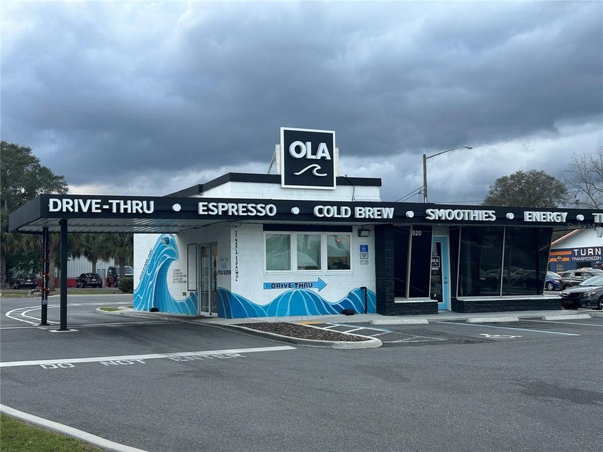 Introducing a prime investment opportunity in the heart of Ocala, this free-standing building with drive thru presents 1,709 SF of versatile retail space with upside in completing the indoor seating retail corner.  With a rich history dating back to 1960, and extensively remodeled with new parking lot and drive thru in 2023, the property is FULLY-EQUIPPED and can continue to operate as a coffee shop, or could be repurposed.  Buyer will be provided all fixtures, furniture and equipment of the current OLA Coffee business, but may not operate under the name.   Zoned B4 of .54 acres to accommodate a wide range of  commercial applications, this strategically located property offers unparalleled visibility and access within the thriving Ocala area. Ideal for retail investors seeking a dynamic, well-established location and business, this property promises a blend of tradition and innovation to drive business success.