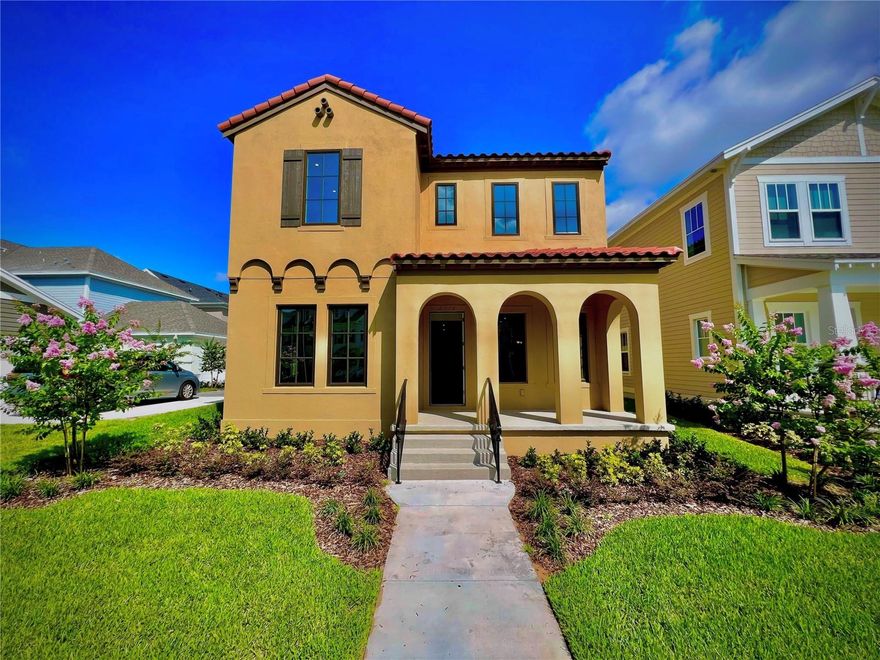 BE THE FIRST to live in this beautiful New Construction home in Celebration's Island Village! Never occupied, you'll be the premier renter for this gem in the latest addition to the town built by Disney!  You're nestled near all the main attractions of Island village -a leisurely stroll to all the incoming vendors at the Island Village town center.  This gorgeous 4 bed Mediterranean-style single family home includes an office with gorgeous lake view.  A wide open floor plan. Your oversized kitchen island with quartz counter tops 
is perfect for entertaining.  Enjoy cooking on a gas range with hood for high quality ventilation, all appliances are stainless steel. The contemporary finishes give you all the benefits of new construction. Glistening subway tile back splash. Abundant white cabinetry with cathedral molding. Corner cabinets are equipped with Lazy-Susan to make best use of storage.  And store all your groceries in a sizable pantry closet. There are several storage closets throughout the home to store belongings!  Your primary bedroom has tray ceiling, and ample windows giving you great views and natural light.  Luxurious walk in closet off of the primary bath. Paved back patio to sit out with chairs and relax or set up your BBQ grill.  Rental includes attached 2 car garage with some extra space at back for more storage.  Island Village is a magical expansion to the town built by Disney and has amazing central location! Minutes away from newly constructed outlet with incoming Publix and restaurants, Celebration Schools, and a short commute to Down Town Celebration. Be at Disney Parks in 10-15 minutes! And a quick commute to Orlando International Airport. This dream come true is waiting for you to call home! Don't miss our Video Tour!