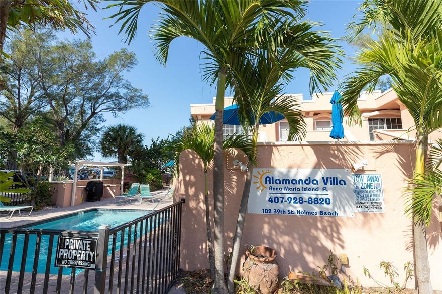 Welcome to Alamanda Villas and your piece of island paradise. Just steps from the Gulf of Mexico, 8 unit property features a heated outdoor pool, barbecue facilities and umbrella-covered patio areas with wonderful water views. Each 1 bedroom/1 bathroom unit has a fully stocked kitchen with a microwave, refrigerator,  coffee maker, oven and stove top. There are many shops, restaurants, and entertainment in the immediate area and it is a less than five minute walk to the trolley stop which can take people to see all that Anna Maria Island has to offer.  This turnkey property has been taken care of very well and  is the perfect investment opportunity. Schedule your showing today. Daily rentals permitted. Each Unit is already Condominiumized, an added benefit usually not available. Buyer would become the sole owner and member of the condominium association.
