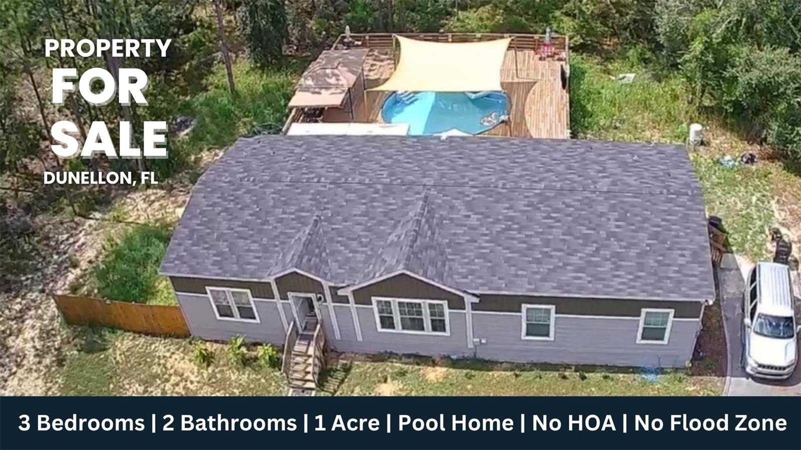 Welcome to this inviting 2023 double-wide 3-Bedroom, 2-Bathroom Pool Home on a spacious 1-Acre lot in Dunnellon, Florida! offering room to live, play, and relax. With No HOA, No Flood zone, No Rental Restrictions, and livestock-friendly zoning, you can bring your horses, chickens, or goats and truly enjoy country living your way. Additionally, you have the flexibility to use it as a short-term rental, such as on Airbnb or VRBO, or as a long-term rental for extra income potential.
Inside, you’ll appreciate the Open, Split Floor Plan featuring a master suite with a luxurious Roman tub, Dual Sinks, and a spacious Walk-In closet. The kitchen features Stainless Steel Appliances, combining style, function, and easy entertaining. This home qualifies for Zero Down Payment financing, making it easier than ever to own your dream property.
Spend your weekends fishing in nearby lakes and rivers, or boating along the Gulf Coast, just a short drive from Crystal River and Homosassa, offering world-class water adventures. Back at home, the massive 52x50 Deck is perfect for family gatherings, dinner parties, or simply sipping coffee while you watch the sunrise. Cool off in your private Pool on warm afternoons, or use the shed for extra storage, hobbies, or a creative workspace.
Centrally located, you’re minutes from Inverness, Ocala, and The Villages, with easy access to Tampa and Orlando for shopping, dining, and entertainment. Whether you dream of outdoor adventures, a place for your animals, a short-term rental income property, or a welcoming home for family and friends, this property offers it all.