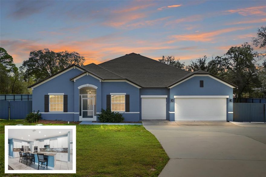 Welcome to Royal Highlands, where space, privacy, and modern comfort come together at 11174 Marvelwood Road. Built in 2020, this impressive 5-bedroom, 3-bath home with a 3-car garage sits proudly on a fully fenced corner lot just under an acre, offering the freedom and flexibility today's homeowners crave with NO HOA and NO CDD fees. A screened front entryway provides a welcoming first impression while allowing you to enjoy fresh air and added comfort before entering the home. Designed for both comfortable everyday living and entertaining, the home features soaring ceilings, upgraded ceiling fans, and durable luxury vinyl plank flooring throughout, with tile in all wet areas. The spacious layout offers room for everyone, including a welcoming family room, eat-in kitchen, and additional flex space that can easily be used as a formal dining room, sitting area, home office, or home gym. The heart of the home is the well-appointed kitchen, a chef's delight featuring stainless steel appliances, a double wall oven, granite countertops, and a large center island with ample seating. With plenty of counter space for meal preparation and entertaining, along with an oversized pantry that provides exceptional storage, this kitchen is designed for both functionality and gathering. The open design creates a natural flow into the living areas, making it ideal for hosting friends and family or simply enjoying time at home. The primary suite is truly a private retreat, offering two large walk-in closets, dual vanities with additional storage and granite countertops, a relaxing garden tub, separate shower, and a private water closet, creating a comfortable space to unwind at the end of the day. Outside, the property continues to impress. The home features a 30,000 dollar galvanized metal fence that includes a convenient side gate opener, as well as front access, providing both security and functionality. Two additional parking pads have been added, allowing for parking up to five vehicles across, making it perfect for guests, recreational vehicles, or additional toys. The very large enclosed back patio creates an inviting space to relax or entertain friends and family. With nearly an acre of land, there is plenty of room to add a custom pool, build a detached workshop, and still have space for boats, trailers, and recreational vehicles. Inside, you will also find a convenient laundry room with additional storage, along with generously sized bedrooms and closets throughout the home, ensuring that storage and space are never an issue. Built in 2020, the home offers peace of mind with newer major systems already in place, making it truly move-in ready. Located just minutes from growing commercial developments, retail shopping, restaurants, and medical facilities, this property offers the perfect balance of peaceful living with everyday conveniences nearby. Homes offering this much space, flexibility, and freedom are rare to find. Don't blink--this one is ready and waiting for you.