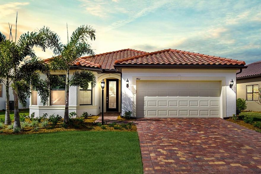 One or more photo(s) has been virtually staged. $5000 CREDIT FOR WINDOW TREATMENTS WITH FULL PRICE ACCEPTED OFFER! New Build-Never Lived In! One of the best lake lots with long sunset view of the lake! Welcome to 7412 Summerland Cove, a stunning and spacious newly built single-family home located in the desirable community of Del Webb. This 3-bedroom, 2-bathroom gem boasts over 2084 square feet of living space. This home was built using the most desirable floor plan called the "Mystique" providing you with the ultimate comfort and luxury. As soon as you step into the home, you will be greeted by a beautiful open-concept living and dining area, perfect for hosting and entertaining guests. The elegant and modern kitchen features stainless steel appliances, granite countertops, and ample cabinetry, making cooking and meal prep a breeze. The kitchen opens up to a cozy family room, complete with a decorative ceiling fan, and large windows that allow for an abundance of natural light to pour in. Escape to the spacious master suite, featuring plush carpet, decorative ceiling fan, a large walk-in closet, a private en suite bathroom with dual vanities, and a custom tile walk-in shower with a bench. The additional two bedrooms are perfect for guests, or a home office with plush carpets, decorative ceiling fans, spacious closets, and ample windows for natural light. In addition to the prime location, this home offers a 2-car garage and a laundry room, providing you with the convenience and practicality you need. Additional flex space can easily be a home office or guest bedroom. Step outside to your own private oasis and take in the breathtaking views of the beautifully landscaped backyard and pond, perfect for outdoor entertaining and relaxation. The backyard also features a large screened patio, with room for outdoor dining, additional space for grilling, and other outdoor activities. 55+ neighborhood close to shopping and restaurants. Don't miss out on the opportunity to own this incredible home in the sought-after Lakewood Ranch community. Schedule a showing today and start living your dream life.