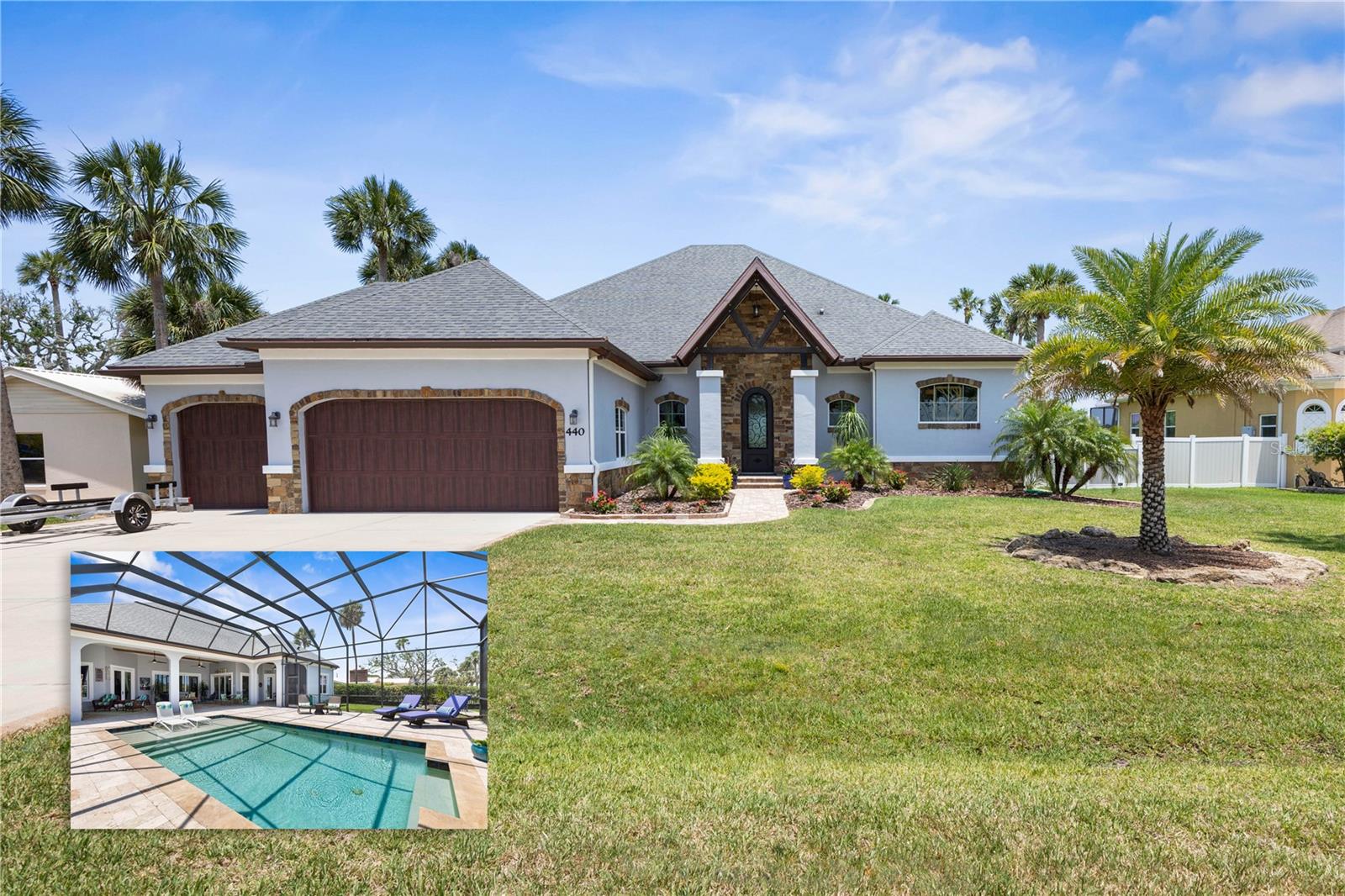 Experience refined coastal living in this custom built 2015 pool home, perfectly positioned high and dry on the Intracoastal Waterway along one of Flagler County’s most prestigious street - Lambert Avenue. This meticulously maintained residence offers elegance, comfort, and high-end finishes throughout.
Built with solid concrete block construction and outfitted with impact windows and doors, the home features soaring 12-foot ceilings, tumbled travertine floors, granite countertops, and solid core doors. From the moment you enter, the bright, open layout welcomes you with a hidden closet and a hidden stylish half bath, leading seamlessly into a spacious great room filled with natural light and unobstructed views of the water and pool through expansive sliders and windows.
The gourmet kitchen is a chef’s dream, featuring a Viking six-burner gas cooktop, double convection wall ovens, stainless steel appliances, custom solid wood cabinetry with a decorative range hood, and a large walk-in pantry. Each bedroom is designed as a private retreat with its own en-suite bath, while a beautifully appointed office that is easily convertible to a fourth bedroom offers beautiful custom built-in cabinetry/shelving.
The luxurious owner’s suite provides a spa-inspired experience with a steam shower, generous walk-in closets, ample built-in cabinetry, and a bidet. A large laundry room with a sink and cabinetry, a coffee bar, networking closet, and separate storage room enhance everyday convenience. The three-car garage includes spray foam insulation, insulated garage doors, built-in cabinetry, and walk-in attic storage.
Step outside to an incredible 2,400-square-foot screened lanai finished with travertine decking. Ideal for year-round entertaining, the outdoor space includes a solar-heated saltwater pool, built-in summer kitchen, gas fireplace and TV hookup. The expansive fenced backyard leads to a private 100' seawall and a covered boathouse with two boat lifts, offering direct access to the water.
The home has seen thoughtful recent upgrades, including a $15,000 seawall enhancement, a cutting-edge 30-year “Essency” water heater (cost $6500), and two brand-new air conditioning units. Additional features include an indoor and outdoor surround sound system, a security system, gutters, ceiling beams, irrigation system sourced from a private well, outdoor shower, and paver walkways that wind to a serene firepit overlooking the water.
This one-of-a-kind property is a rare opportunity to own a truly spectacular home in an unbeatable location. Be sure to view the virtual tour for a walkthrough video and then schedule your private showing today!
