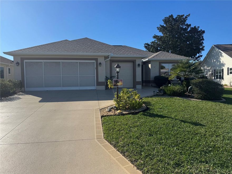 MPRESSIVE and METICULOUSY maintained 3/2 block and stucco expanded AZALEA with a 2 car garage + golf 
cart garage in the Village of Piedmont on a cul de sac lot and offers rear privacy - home backs up to a privacy 
wall. BOND PAIOD, ROOF 2023, HVAC 2022. Tremendous curb appeal with painted concrete driveway and 
walkway. Newer outside paint 2023, professionally landscaped, and covered front entrance featuring an elegant 
leaded glass door with retractable hide away screen door. The Azaleas open concept and split floor plan with 3 
solar tubes accentuates the spacious light and bright living area, dining area, and kitchen with caberia counter 
tops making this home perfect for comfortable living and entertaining friends and family. This well-appointed 
home boasts a 5-hole putting green with viewing area Crown molding, vaulted ceilings, a Florida room and an 
air-conditioned room that can be used as a den or office. Additionally, there is a sitting room and an outside bird 
cage with an outside patio with a table and grill. There are also water features on this property for your relaxing 
enjoyment