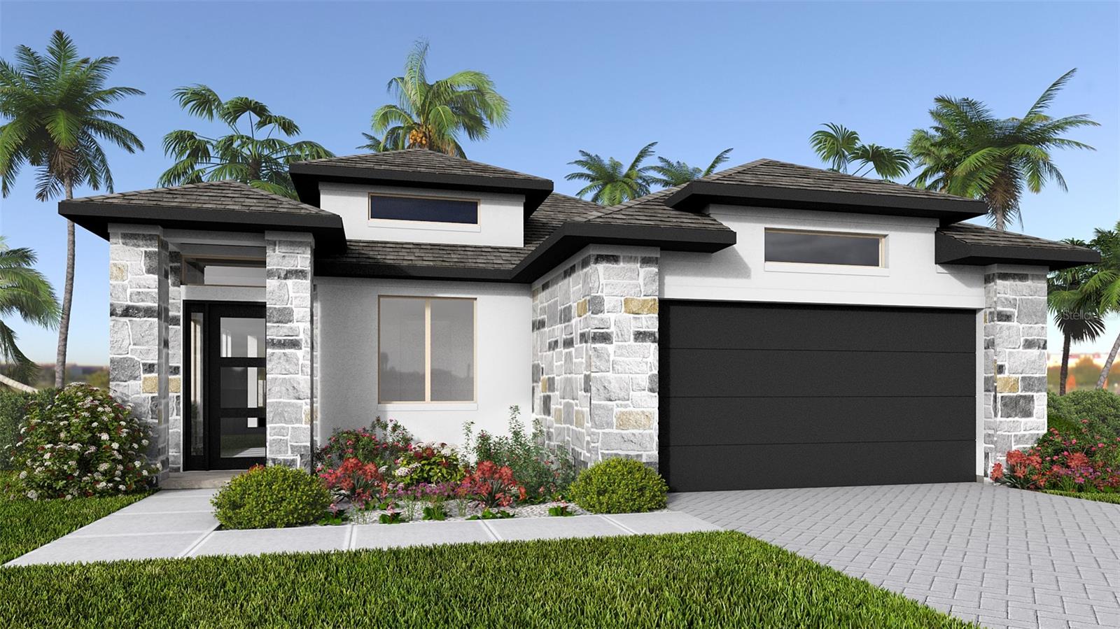 Under Construction. The front porch opens into a welcoming entryway with an extended tray ceiling that embraces the main hallway. A bonus flex room overlooks the front yard right off the front door. A full guest suite with a private bathroom and ample closet space is off the main hallway. The kitchen features an island with built-in seating and walk-in pantry. The dining area flows from the kitchen to the connecting family room which offers plenty of natural light from its wall of windows and access to the backyard extended covered lanai. The primary bedroom has a wall of windows overlooking the backyard. Double doors lead into the bathroom which hosts dual vanities, a garden tub, glass enclosed shower, two walk-in closets and dual access to the laundry room. Two secondary bedrooms with a shared bathroom complete the home along with ample storage space throughout. The drop zone is located off the two-car garage.