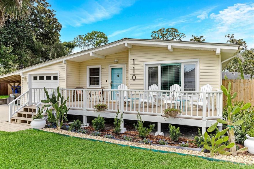 Discover this beautifully renovated 3 bed/ 2 bath home in St Augustine. Located 2 houses off Shore Drive- a million dollar location with an affordable price tag. Every room remodeled with Home & Garden-like features. Custom kitchen includes soft-close shaker cabinets, quartz counters with tile backsplash, floating shelves, & large island with gorgeous pendant lighting. Open floorplan includes casual dining area, family room full of natural light from the large window overlooking the spacious front porch with stunning views of the Matanzas River & 312 Bridge. Main bedroom has newly updated bathroom with subway tiled shower & niche. Other 2 bedrooms share 2nd renovated bathroom. New premium vinyl flooring throughout main areas and bedrooms. Fully fenced backyard set up for outdoor living.
Large deck and patio, cozy fire pit area and jungle gym. Add in the 1-car garage, carport that makes for nice outdoor covered seating area, new energy efficient water heater, A/C with UV filtration to keep the air fresh, & optional furniture package and you've struck gold. Close to restaurants, shops, boat ramps with river & ocean access & a nature preserve with walking trails. Perfect property for year round living, short-term vacation rental or vacation home.