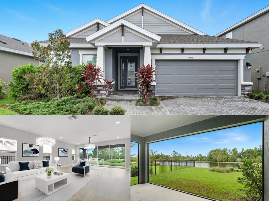 One or more photo(s) has been virtually staged. **IMPORTANT - VIEW VIRTUAL TOUR VIDEO (Look in “Interior & Facts and Features”)**
Welcome to this BEAUTIFUL SINGLE-LEVEL WATERFRONT HOME set on a WIDE PREMIUM LOT in the highly sought-after community of Bexley. Built in 2022 by Homes by WestBay, this thoughtfully designed residence offers 4 bedrooms, 3 bathrooms, and a versatile office/den, all with PRIVATE NATURE VIEWS from the main living areas. The OPEN LAYOUT is filled with natural light, highlighted by sliding glass doors that seamlessly connect the indoors with the outdoors.

The heart of the home is the UPGRADED GOURMET KITCHEN, featuring MASSIVE QUARTZ COUNTERS with a breakfast bar, gas cooktop with vent hood, built-in oven and microwave, walk-in pantry, and abundant cabinet space. The adjoining dining and living areas flow together effortlessly, creating a perfect setting for both everyday living and entertaining.

The SPACIOUS MAIN LEVEL PRIMARY SUITE is a true retreat, offering peaceful NATURE VIEWS, dual walk-in closets, and a spa-like en suite bath with HIS AND HER VANITIES, stone counters, and a large frameless walk-in shower. Secondary bedrooms are generously sized, including one with a PRIVATE EN SUITE, while the versatile front room doubles as a HOME OFFICE or flex space.

Step outside to the COVERED AND SCREENED LANAI and take in the wide and deep yard with conservation views. Whether you’re relaxing or envisioning the PERFECT OUTDOOR LIVING SPACE, this lot provides ample room to make it your own. Additional features include ENGINEERED WOOD FLOORS in the main living areas, upgraded lighting, hurricane shutters, and a spacious 2-car garage.

The Bexley community is known for its unmatched lifestyle, featuring MULTIPLE RESORT-STYLE POOLS with splash pad and waterpark, a STATE-OF-THE-ART FITNESS CENTER, miles of SCENIC TRAILS with outdoor fitness stations, DOG PARKS, playgrounds, soccer fields, a BMX BIKE PARK, and the famous TWISTED SPROCKET CAFÉ. With TOP-RATED SCHOOLS, easy access to the Veterans Expressway, and convenient shopping and dining, Bexley is truly where life comes together.