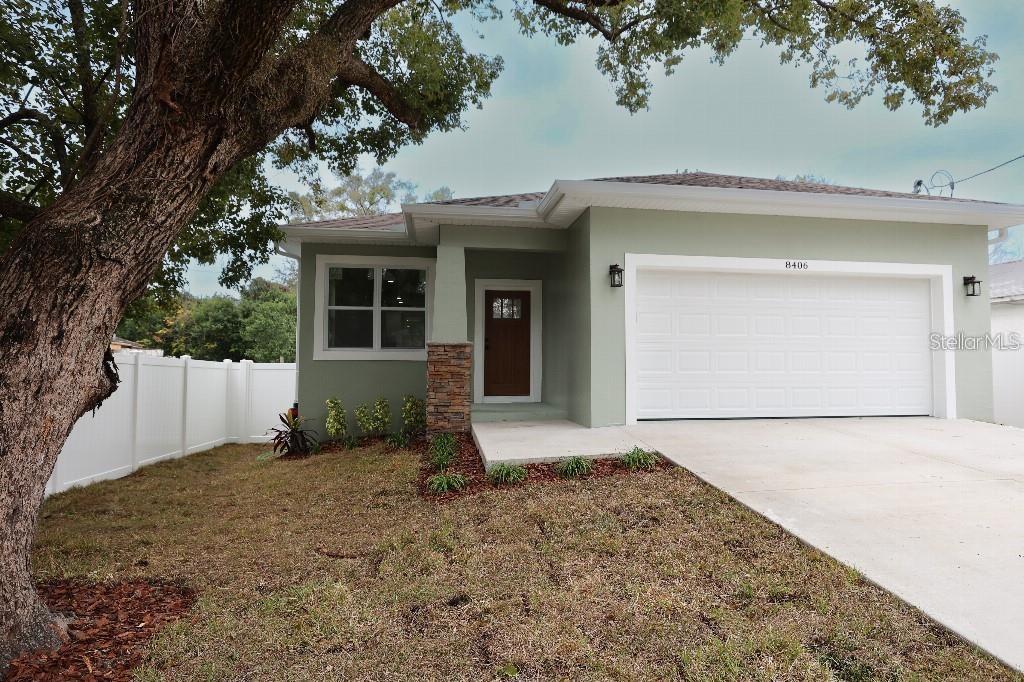 Built in 2023, this 3-bedroom, 2-bathroom single-family home offers modern finishes and a functional layout. The open floor plan includes 9’4” ceilings and luxury waterproof vinyl flooring throughout. The kitchen features stainless steel appliances, shaker-style cabinetry, granite countertops, and a large center island.
The primary suite includes a walk-in closet and a private bath with a walk-in shower. Two additional bedrooms share a full bathroom with a tub/shower combination. Ceiling fans are installed in every bedroom.
A dedicated laundry room with washer/dryer hookups is located inside the home for convenience. Additional features include a covered front porch, rear lanai, and a fully fenced backyard. The property also offers an attached two-car garage and impact-rated windows.