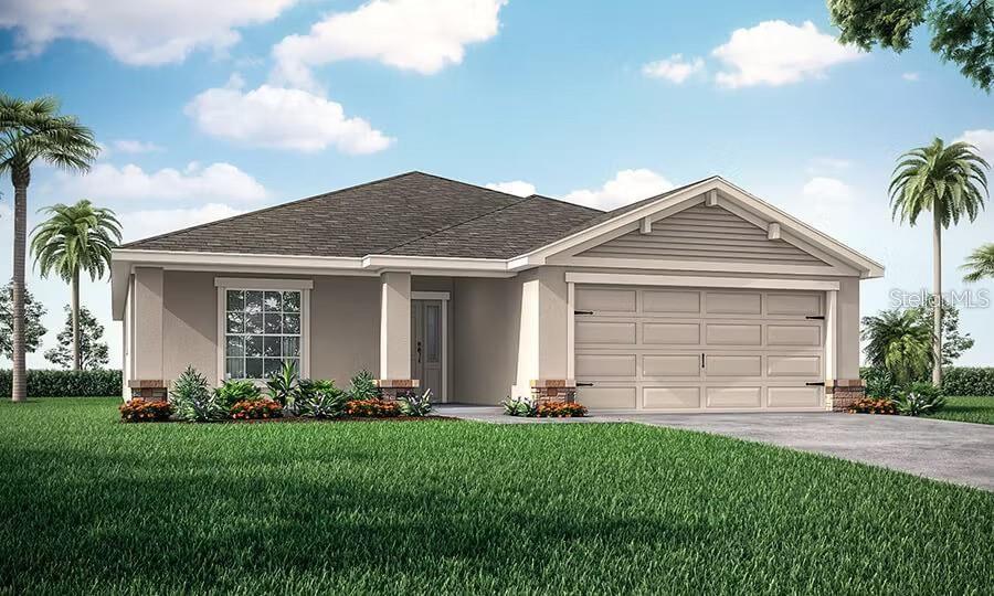 Under Construction. New construction home with 1819 square feet on one-story including 4 bedrooms, 2 baths, and an open living area. Enjoy an open kitchen with granite countertops, Samsung stainless steel appliances, a walk-in pantry, and a spacious counter height island, fully open to the dining café and gathering room. The living area, laundry room, and baths include luxury wood vinyl plank flooring, with stain-resistant carpet in the bedrooms. Your owner's suite is complete with a walk-in wardrobe and a private en-suite bath with dual vanities, a tiled shower, and a closeted toilet. Plus, enjoy a covered lanai, 2-car garage, custom-fit window blinds, architectural shingles, energy-efficient insulation and windows, and a full builder warranty. "Please note, virtual tour/photos showcases the home layout; colors and design options in actual home for sale may differ. Furnishings and décor do not convey