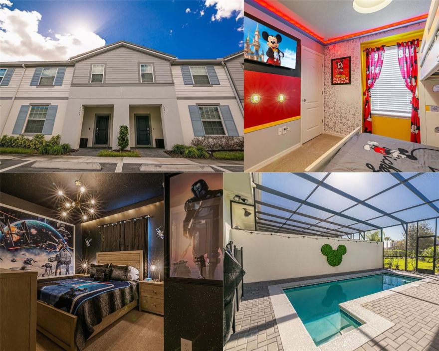 Welcome to Beautiful & highly desirable Solterra Resort! Feast your eyes on this TURN KEY  & THEMED townhome!! This fully furnished townhome has been tastefully decorated and meticulously maintained by the current property management company. INCOME PRODUCING and did 60k in BOOKINGS for 2025! This townhome has been geared up to standout in the short term rental market with themed bedrooms such as STAR WARS, MARIO, MICKEY MOUSE, HARRY POTTER, & FROZEN! The private pool has NO REAR NEIGHBORS perfect for privacy! The pool also backs up to the SOUTHWEST which is ideal for short term rentals as it allows for sun exposure over the pool area into the late afternoon! Not to mention nightly sunsets perfect for wrapping up long family days at the parks! This townhome boasts a spacious open-concept living area, large kitchen with stainless steel appliances, and generous indoor/outdoor dining spaces. Location is excellent being just minutes from Disney, Universal, SeaWorld, & more! Solterra Resort checks every box from a resort amenities standpoint with the following: Clubhouse with heated pool and spa, lazy river, water slide, cabanas, fitness center, playground, business center, and multiple sports courts. Schedule your showing today and make this your primary residence, vacation home, or income producing short-term rental!