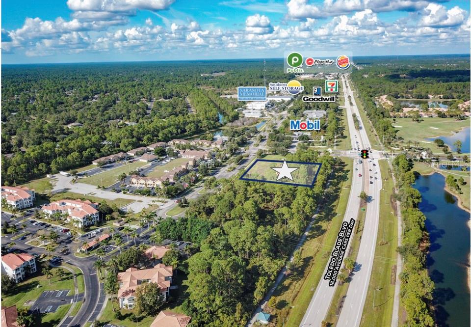 Highly Visible, Hard Corner, 1+ Acre retail site ready for development; located on Toledo-Blade Boulevard with a traffic count of 23,000 cars per day. This opportunity is within the rapidly growing City of North Port which was ranked as the #1 Up and Coming Small City in the U.S. in 2024 by Money Geek.
Unique features of this property include the proximity to a significant number of residential communities, office communities, and medical opportunities. The site is a corner lot with frontage on three sides, sits at a signalized intersection, and it already has all utilities in place including natural gas at site and existing stormwater management offsite.
This property is perfect for a restaurant, retail, or office space and offers the opportunity to bring a new business to the area with incredible potential for success.