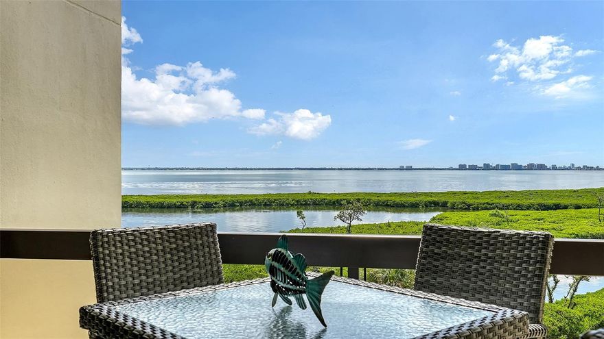 Welcome to this breathtaking, fully remodeled, turnkey furnished contemporary residence in Fairway Bay—nestled on picturesque Longboat Key. From the moment you enter, you're greeted by a thoughtfully redesigned open floor plan, elevated ceilings, solid core doors, and impeccable high-end finishes.  IT IS TRULY ONE OF A KIND!  This condominium is truly one-of-a-kind!   Exceptional Kitchen features include: Bertazzoni induction range, refrigerator, and dishwasher, built-in Miele plumbed espresso machine, sleek, low-profile custom cabinetry with quartz countertops, glass tile backsplash and ambient lighting and an expansive quartz island perfect for formal dining or casual entertaining.  The living room flows effortlessly from the kitchen, opening onto a covered, tiled lanai—blurring the line between indoor and outdoor living. Floor-to-ceiling impact windows frame panoramic views of Sarasota Bay, the Ringling Bridge, and the city skyline, offering million-dollar scenery from the comfort of your home. Enter the generously sized and luxurious Primary Suite with custom built-ins and ample closet space.  The ensuite bath is a spa-inspired bath with dual vanities, Hansgrohe Axor faucets, Toto washlet, walk-in shower with multiple heads and elegant finishes.  The guest suite features custom cabinetry and an ensuite bathroom with a Victoria & Albert volcanic limestone bathtub.   Other recent upgrades include Hurricane-impact windows and doors, tankless water heater, additional upper cabinetry in kitchen and utility room, ceiling fans and more.  For your convenience & comfort there is easy elevator access, coveted garage parking space and private onsite storage.  Fairway Bay residents enjoy the resort-Style amenities including Deeded beach access & exclusive beach club, 24-hour gated security, pool, spa, tennis courts, and fitness center plus all the perks of Bay Isles living.  Whether you're soaking in the sun, enjoying vibrant Sarasota culture and nightlife, or relaxing in your private retreat, this home is a perfect sanctuary.