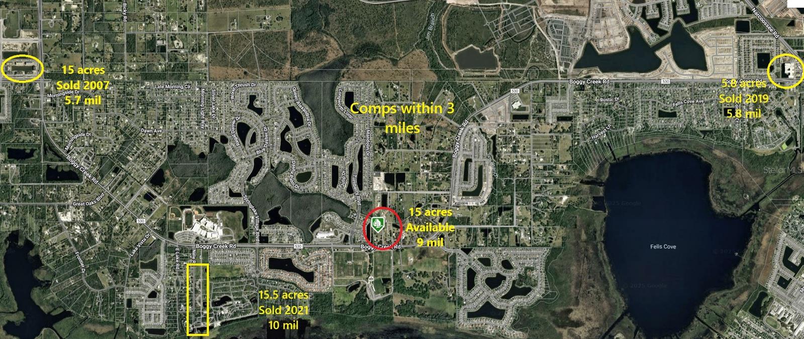 5-15 acres on The Boggy Creek Road corridor which is South Orlando's best undeveloped opportunity. Surrounded by affluent communities, minutes from the Airport, Medical City and across from a very busy Austin Tindal Park , makes this location exceptional. The demographics are right with 4 already built 300+ unit, luxury rental communites within minutes of the property. To further enhance its prime location, new construction of 364 luxury rentals by Integra Towers and 188 Townhomes & 796 Multifamily units being built by Dr Horton is underway. The new Lake Nona West, a 405,000 SF Shopping Center with a Target, Nordstrom Rack and Barnes & Noble will be minutes from the property. Starbucks and Chilepote have also committed to the area and are under construction. Proximity to theme parks, golf and a short drive to the beach are an added plus. Call today for more information. Assemblage of 3 other owners is in place to complete 15 acres. Value in land not building. All measurements are estimated buyer is responsible to confirm accuracy and perform due diligence.