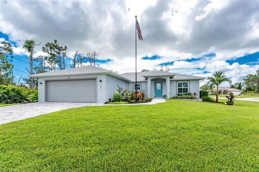 Exceptional…that is the only way to describe this 2022-built pool home in Rotonda Heights with every bell and whistle you could wish for, including a full solar panel system. For those looking for peace of mind, this home features full impact doors and windows along with a LOMA designation, meaning no flood insurance should not be required. From the moment you arrive, the attention to detail is clear with a beautifully maintained lawn, paver driveway, mature landscaping, and excellent curb appeal on a large corner lot in a quiet cul-de-sac. Step inside and discover an open, inviting layout with vaulted ceilings and wood-look tile that runs consistently throughout the home. The kitchen is a showpiece with white shaker-style wood cabinetry, a contrasting gray center island, granite countertops, and a glass tile backsplash. The open design flows perfectly into the living and dining areas, where French doors lead to the lanai, making entertaining effortless. Your private ensuite master retreat features a tray ceiling, walk-in closet, and a spa-inspired bathroom with dual granite-topped vanities, a fully tiled walk-in shower with frameless glass doors, and a convenient door that provides direct access from the master bedroom to the pool area. The guest bedrooms are spacious with reach-in closets, and the guest bath includes a fully tiled tub and shower combination. Every room, including the laundry, features coordinated cabinetry for a cohesive designer look. The outdoor living area is a true retreat where you can relax in comfort on the large screened and pavered lanai. Enjoy year-round fun in the heated saltwater pool surrounded by lush landscaping that provides both beauty and privacy. The oversized garage includes a mini-split A/C system to keep you cool while working on projects or hobbies, and a newer HOA-approved storage shed in the backyard offers additional space for golf clubs, tools, or lawn equipment. Designed for Florida living, this home also includes spray foam insulation, plantation shutters throughout, a private well for irrigation, and 7-foot interior doors. Rotonda Heights is a wonderful community with golf cart-friendly streets and easy access to five premier Rotonda West golf courses, scenic trails, and miles of canals for fishing and kayaking. Area beaches, local restaurants, shopping, and live entertainment are just minutes away. This home at 101 Lady Lane truly has everything you need to start living the Florida lifestyle. Contact us today to schedule your private showing!