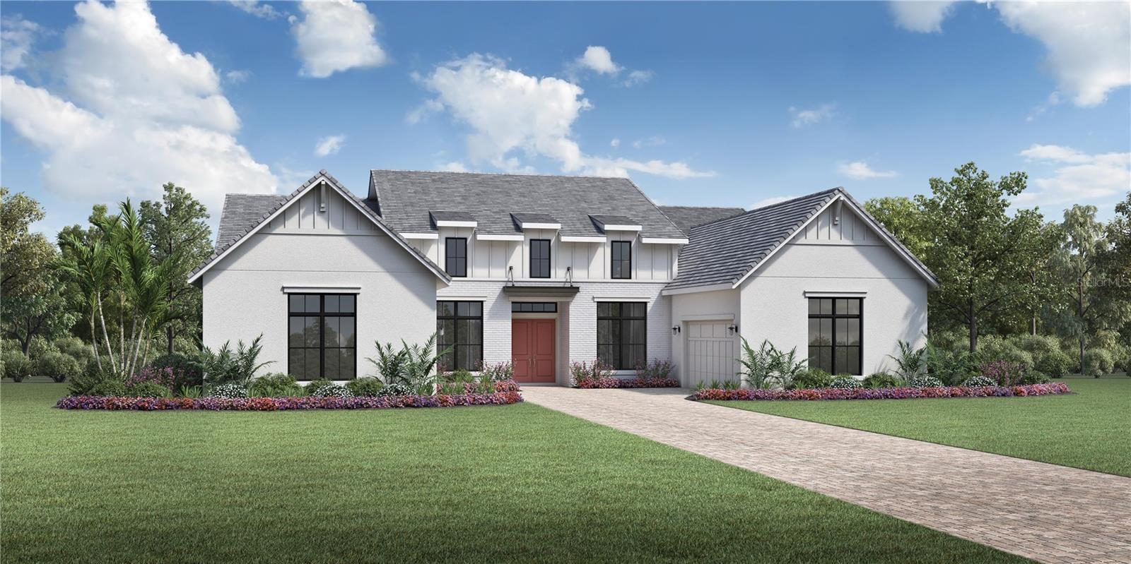 The Cabris Farmhouse is our popular one story home with lots of space for a large family. The inviting double-door entry opens to reveal the twelve foot high foyer and beautiful views to the spacious great room with coffered ceiling and covered lanai beyond. The well-designed kitchen overlooks a bright casual dining area and is equipped with a large center island with breakfast bar, plenty of counter and cabinet space, ample walk-in pantry, and ten foot high sliding glass doors. The private primary bedroom suite is highlighted by dual walk-in closets and deluxe primary bath with dual vanities, large soaking tub, large luxe shower, and private water closet. Secondary bedrooms feature sizable walk-in closets, two with shared bath with separate vanity areas, two with private baths. Additional highlights include a convenient powder room and everyday entry, centrally located laundry, and additional storage.