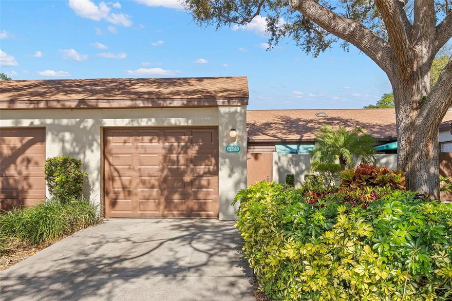 One or more photo(s) has been virtually staged. Now available!! This lovely lite and brite 2/2 villa in the beautiful Forty Three West Oaks community. Perfect one story unit features an attached 1 car garage, along with both a quaint front courtyard and a huge pavered back yard which make the perfect spaces to entertain and enjoy all the Florida sunshine. Located directly across the street from the sparkling community pool. Inside this move in ready home is the perfect split floorplan including a spacious primary en-suite with large walk in closet. 2nd bedroom is perfect for guests or a home office. Plenty of cabinets in the sunny kitchen and solid surface countertops. Attached garage keeps the car cool and clean. The community is absolutely stunning, high and dry and convenient to shopping, dining, entertainment , and the INCREDIBLE Manatee beach scene. Anna Maria Island is just minutes away. Community also boasts tennis, pickleball and shuffleboard courts!  This low maintainence home is perfect for snow birds OR full time living.