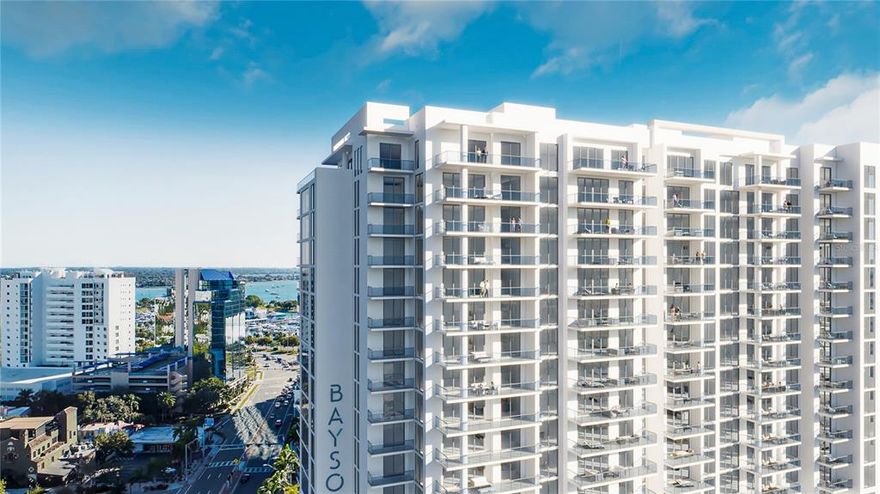 Pre-Construction. To be built. Get centered at Sarasota's newest luxury address. One of only 2 remaining Penthouses and priced under market value. Located in Sarasota's downtown Bayfront at The Quay, this 18-story luxury residential tower is for those looking for a walkable lifestyle surrounded by a vibrant arts and entertainment scene. These spacious condominiums will overlook the exciting Bay Park and the downtown skyline with corridor views of the water from every unit. This unit is a roomy 2,492-square-foot, three-bedroom, four-bath residence with 12-foot ceilings, 10-foot windows and sliders to a spacious, 10-foot-deep terrace with glass balcony railings showcasing Sarasota's most sparkling views looking to the north over The Quay. Kitchens will be designer coordinated with European cabinetry, quartz countertops and premium stainless steel appliances. The owner's suite features walk-in closets and luxurious spa-like bath retreats with Grohe fixtures. Amenities include a state-of-the-art fitness center and a movement studio for personal or group classes. The fifth level showcases an elevated resort-style pool and spa, entertainment areas, an outdoor kitchen, a dog park and much more. Bayso residents will also have an on-site property manager, 24-hour front desk attendants and access-controlled entry, making this a true lock-and-leave. Appointments can be made for in-person showings or through a virtual presentation. Request yours today.