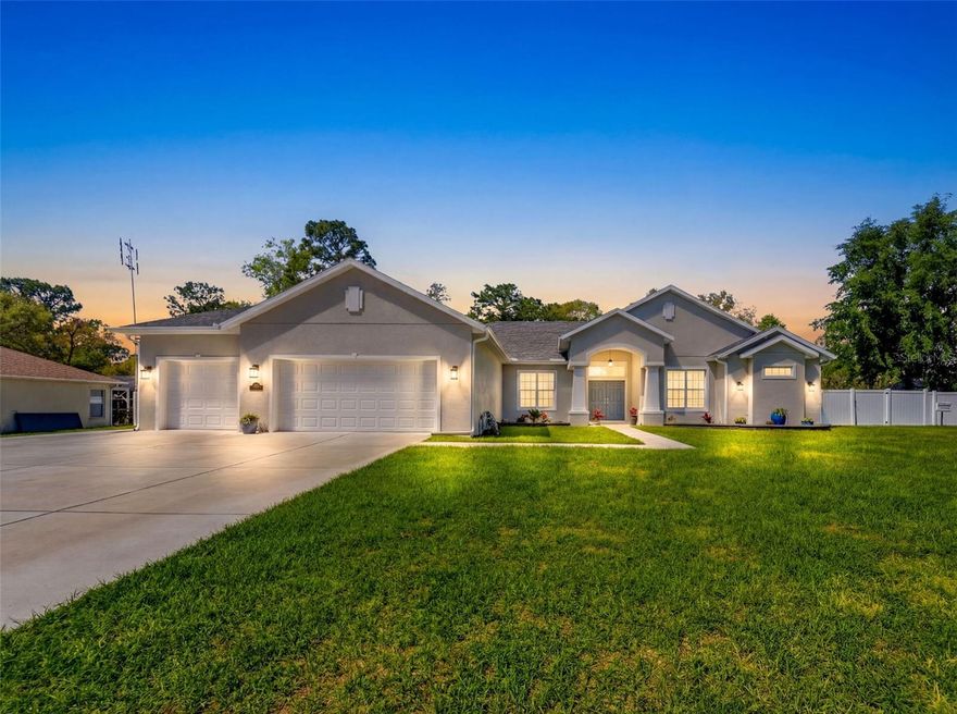 One or more photo(s) has been virtually staged. Welcome to this stunning Palmwood Construction home built in 2023, located in the highly desirable Springwood Estates community just moments  from the Suncoast Parkway and around the corner from shopping and dining. This beautifully designed home offers 5 bedrooms, a private office with French doors, and 3 full bathrooms, including three primary-style suites—perfect for multi-generational living or hosting guests in comfort. Inside, you’ll find luxury vinyl plank flooring, granite countertops, high baseboards, LED lighting, and an abundance of natural light flowing through large windows. The kitchen features stainless steel appliances and opens seamlessly to the main living areas, creating an ideal space for everyday living and entertaining. The primary suite is a true retreat with a walk-in shower and a luxurious soaking tub, while the second primary suite connects to an oversized guest bedroom through a Jack-and-Jill bathroom. Step outside to your own private oasis featuring a heated in-ground saltwater pool, expansive screened-in paver patio, and convenient pool bath. Situated on a partially fenced 1-acre lot, the property also includes a 3-car attached garage, double driveway, rain gutters, and a large storage shed in like-new condition. With no HOA and a builder warranty included, this home delivers the space, upgrades, and location you’ve been looking for—don’t wait to build when you can make this one yours today.