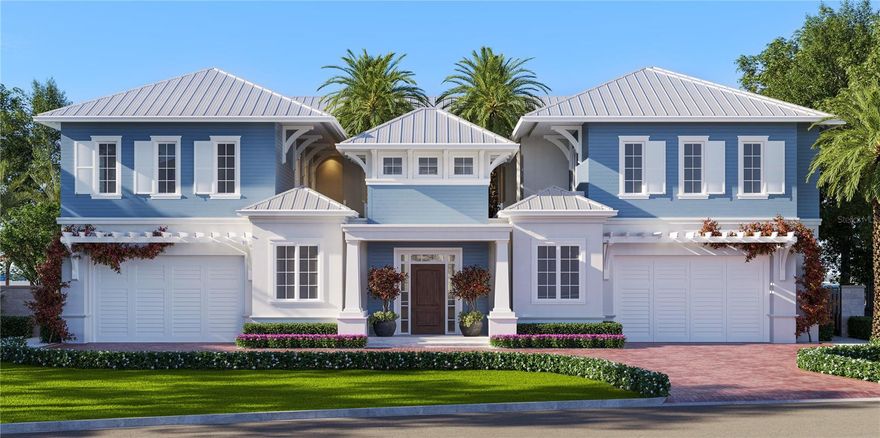Pre-Construction. To be built. This is more than a chance to purchase a home—it’s the opportunity to create and build a true work of art. The Edgewater Coastal by award-winning Windstar Homes was custom-designed specifically for this waterfront lot, ensuring every angle, window, and living space maximizes the beauty of its setting.
Located in the coveted historic Pink Streets, this future estate will be the crown jewel of the neighborhood. With 95 feet of direct waterfront and 180-degree water views to the south, east, and west, you’ll enjoy unobstructed vistas of the iconic Sunshine Skyway Bridge with its nightly light shows, as well as cruise ships passing through the Port of Tampa Bay. From your backyard, watch dolphins, snook, redfish, and more—your private front-row seat to Florida’s marine life.  (This listing includes the lot and the new construction combined.  A buyer can simply purchase the lot separately.)
With over 5,000 sq. ft. of refined living space (and nearly 13,400 sq. ft. under roof), this coastal-inspired residence features 5 bedrooms, 5 full bathrooms, and 3 powder rooms. From concept to detail, this home is designed to elevate your lifestyle.
The experience begins at the commanding eight-car motor court and tranquil courtyard oasis, then flows into interiors filled with natural light and water views at every turn. Highlights include an open-concept great room, chef’s kitchen with professional-grade Sub-Zero appliances, a media lounge, fitness studio, and a private owner’s retreat designed as a sanctuary of luxury and comfort.
Step outdoors and the lifestyle expands: a covered veranda, outdoor kitchen, and resort-style pool create the ultimate setting for entertaining or unwinding at home.
Perfectly situated, this property is just minutes from Downtown St. Pete, world-renowned Gulf beaches, and only 20 minutes from Tampa International Airport.
This is your opportunity to build the Edgewater Coastal—a timeless expression of coastal elegance and modern luxury, custom-designed for this extraordinary waterfront lot and brought to life by Windstar Homes.