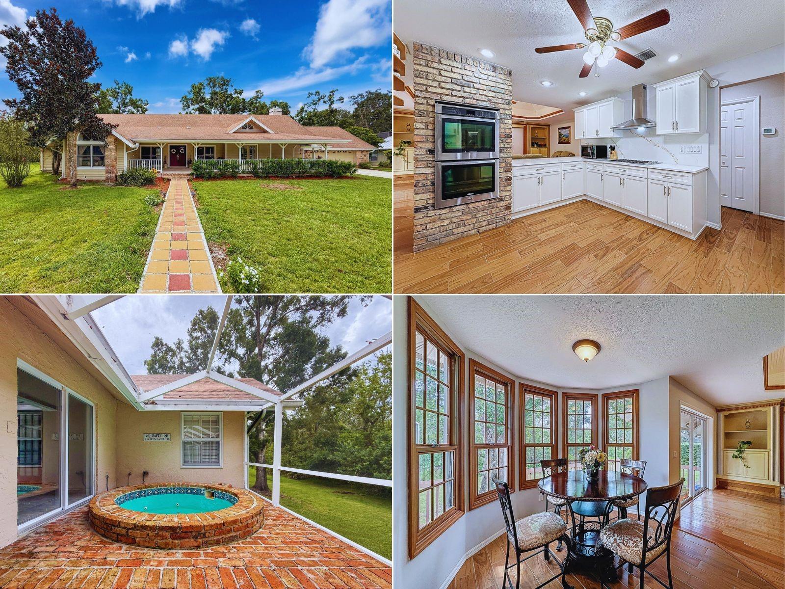 SERENE LUXURY ESTATE LIVING WITH SOUTHERN CHARM conveniently located near historic downtown TARPON SPRINGS, FL. Looking for a place with space? Look no further than this custom-built home with a North Carolina flair. From the porch that extends across the entire front of this amazing home to the redwood deck extending across the entire back complete with an in-ground jacuzzi, you have everything you need to enjoy luxury living at its finest. Situated on 1.34 acres, this home has a lovely wood-burning fireplace in the family room, and a chef’s dream kitchen with ALL NEW CABINETS, GORGEOUS QUARTZ COUNTERTOPS WITH GOLD VEINS RUNNING THROUGHOUT, NEW RANGE HOOD, SINK /FAUCET, and NEW CONVECTION OVEN. The other appliances are within 4 years of age. There is a separate eat-in area with a bay window so one can enjoy looking at nature while having breakfast. The family room, just adjacent to the kitchen, features an inlaid wood ceiling and built-in bookshelves, along with a counter area where one can pull up a stool; have a sandwich; and gaze at the newly remodeled kitchen. There is a large living room with double-door entrance and dining area with vaulted ceilings and skylights. There is also an additional formal dining room surrounded by lovely French doors, which features a pass-through window, two large pantry-type closets and skylights. The formal dining room provides access to the deck where the inviting jacuzzi resides inside a screen enclosure. The primary bedroom features a sitting area and plantation shutters for added privacy. The primary bathroom has a large garden tub, and a separate shower which was renovated in 2023, that includes grab bars for added safety. There are two above counter bowl sinks on top of the vanity, and there is a separate water closet. The large walk-in closet has plenty of space, as well as the large closet on the other side of the primary bedroom, just off the living room. Lots of stuff? It's no problem for this home. There are two bedrooms on the left side of the house, both containing window seats/boxes for additional storage. There is a guest bathroom in this area with granite countertop and above bowl sink. Moreover, there is a tub-shower combo. On the right side of the home, just off the kitchen, there is a fourth bedroom, which can also double as an office. There is an additional bathroom in this area, and it features an above bowl sink over a granite-top vanity and walk-in shower. Unique to this bath is a special octagon accent window. Just off this hallway is the inside laundry room which leads to the spacious garage which features an attic fan and pull-down ladder. The back of the house opens to a patio featuring redwood decking with plenty of room to entertain while taking in the sights and sounds of nature from your private preserve. There is plenty of room in the backyard to add a picnic table, as well as other amenities. Speaking of amenities, Riverside borders Salt Lake, so one can launch their kayak or canoe from the commons area and take in a sunset paddle and not even leave the neighborhood. This community is approximately 2 miles East of historic downtown Tarpon Springs, and not far from Pinellas County's pristine beaches and Tampa Airport. And for those who enjoy biking, the Pinellas Trail is a mere stones-throw away. DON'T MISS OUT ON THIS ONE-OF-A-KIND LUXURY COMMUNITY WITH ACREAGE, NEAR EVERYTHING YOU NEED! THIS PROPERTY IS PRICED TO MOVE! Note: Property did not flood during hurricanes.