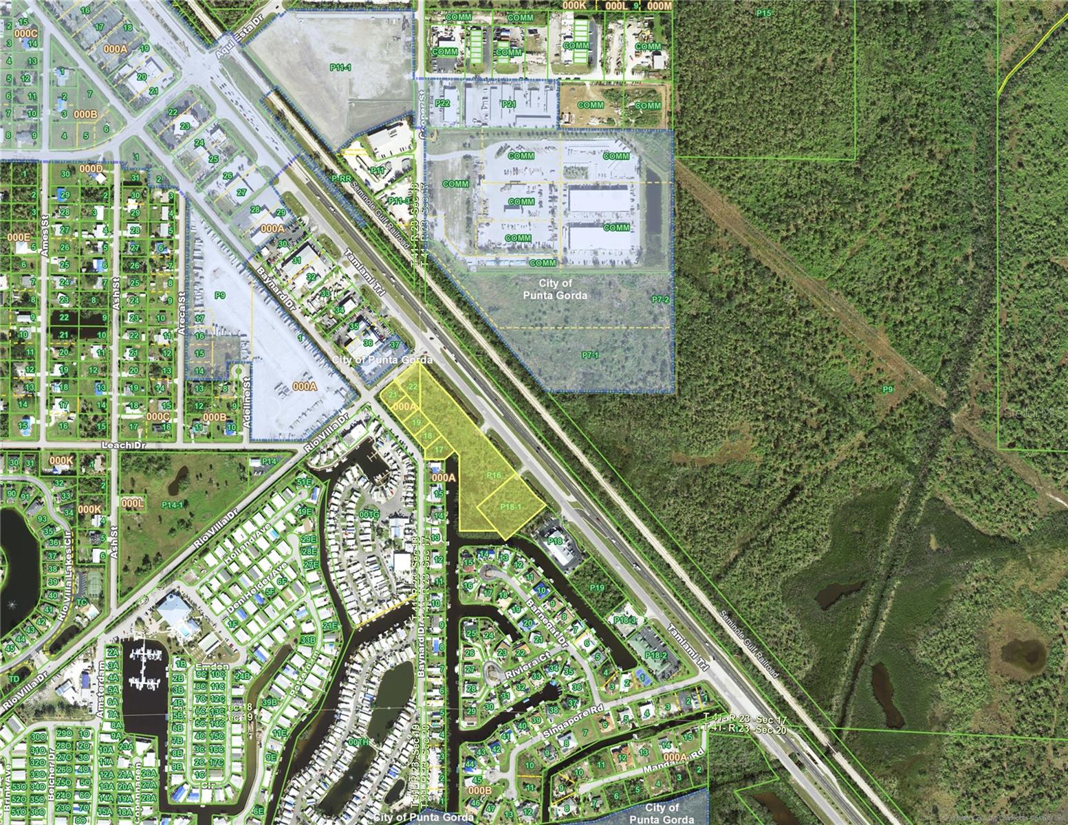 Listing consists of 8 Parcels for a total of 5 +/- Acres, Zoned Commercial General with Saltwater frontage with Corner Location of Rio Villa Drive, Tamiami Trail and Baynard Drive. Convenient location to I-75, Jones Loop, Burnt Store Road, Punta Gorda Isles and Downtown.