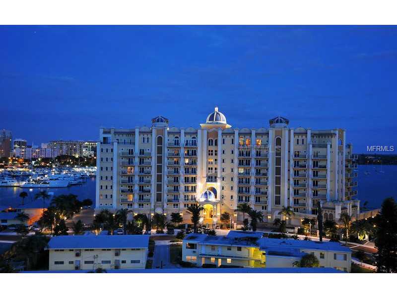 La Bellasara, a cache address on Golden Gate Point, overlooks Sarasota Bay and the City Skyline. Higher ceilings on the 8th floor corner makes this three full bedrooms plus study a PREMIER residence within the community. A chef's kitchen features a center island and prep sink, premium Dacor, Bosch, and Sub Zero appliances, a wet bar with a wine refrigerator and a gas grill on the Bay front terrace makes for great entertaining all year around. The gracious master suite wing has its own Bay front terrace with his and her baths and fitted closets. The guest suites are private with en-suite baths, walk-in closets and their own terrace. Being sold designer furnished makes this ready for immediate enjoyment. Building amenities include your own private 2 car garage with storage, concierge services, theater room, a gathering room with billiard table and kitchen, a fully equipped fitness center, heated pool and spa. A courtesy dock is available to all 28 residences.