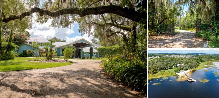 Own your own Country House in the city! This unique, one-of-a-kind generational lakefront compound situated on 17+ acres is a ranch-style estate designed and inspired by Frank Lloyd Wright.   This private country home is on Johns Lake, a 138-acre lake famous for bass fishing, boating and water sports.  Your journey begins along a hidden, quarter-plus mile drive lined with a canopy of majestic live oaks, leading through lush tropical landscaping to a secluded country estate in the city.  This compound combines  3 separate living quarters  (approx. 10,000 s.q ft.) - the main home, guest cottage and mother-in-law / staff apartment in the stable block.  The main pool home boasts granite countertops in the kitchen, double ovens, gas cooktop, and a work-island with direct access to the dining room. The living and dining room features a wall-to-wall picture window bathing the space with natural light and phenomenal views of the gardens and Johns Lake.  The first level owners suite is highlighted by a floating copper wood-burning fireplace, expansive closets and spa-inspired bath, walk-in shower and a private office with lake views. Two spacious bedrooms, balcony and a loft are located on the 2nd level. The retractable sliding glass doors in the living room open to a screen enclosed oasis featuring a lanai, sun deck, deep, oversized pool with spa and lakefront views. The cozy and quaint cottage with detached garage is across the pond, a short walk from the main house boasting 3 bedrooms and 2 bathrooms, a full kitchen with stainless steel appliances, counter and cabinet space, and a bonus room currently used as a library and a sitting room.  The fully equipped mother-in-law or staff quarters is ideal for accommodating visiting family, offering a college student independence, or providing friends with a comfortable retreat.  This space offers the blend of privacy, featuring its own entrance, kitchen and bath. This compound offers so many different possibilities:  a horse ranch, skeet and pistol shooting, football/ soccer/baseball/sports field/ zip lining, ATVs and private shooting berm.  The shoreline of this home is a sandy beach, great for the little ones, offering a long new boat dock, with gazebo and sunning deck, ladders to allow access in and out of the lake, as well as boat hook up; an ideal set up for multi-generational living!  This property offers so many features, we can’t list them all here, one more spectacular feature is the fact that you can even land a helicopter on site! You won’t find another home like this in the bustling city of Orlando, in such a wonderful location and only 20 minutes to a private airport, OIA, Disney, Universal and Shopping!  This home is being sold AS-IS.  Don’t miss this rare and fantastic opportunity to bring your personal touch and vision to this country estate on the water, with the serenity of lakeside living.