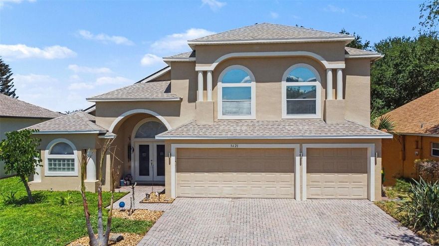 Amazing opportunity in sought after Sunset Lakes! Spacious light & bright waterfront pool home. 5 full bedrooms & 4 full baths PLUS 3 car garage. 1st floor primary bedroom, walk-in shower, jetted tub, double vanities & double walk-in closets w/private sliders to pool. Open living, dining & kitchen all with views of the pool & pond. Solid surface counters, wood cabinets, stainless appliances, Huge Pantry, vaulted ceilings. Indoor Laundry! Luxury vinyl plank & tile throughout living areas & carpeted bedrooms. Upstairs spacious loft and private bedroom & bath. In addition to primary bedroom, downstairs has 3 additional spacious bedrooms with 2 private baths & pool access. Solar powered home. NEW AC 2023. NEW Roof 2019. NEW HWH. Enjoy tennis, pickleball, basketball, volleyball & playground in Sunset Lakes park. Walking trails wind throughout neighborhood over bridges & along ponds. Community also has a fishing pier on the Indian River. Minutes from Manatee Cove and Mitchell Ellington Parks!