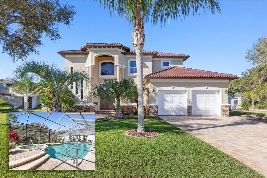 Experience luxurious living in this stunning Mediterranean inspired custom built home sitting high and dry on a spacious third-acre lot with beautiful views of the conservation area in the coveted gated community of Palm Coast Plantation. Boasting a grand entrance with 20-foot ceilings in the foyer, this residence offers a perfect blend of elegance and comfort. With 4 bedrooms, 3.5 bathrooms, an office, and a heated saltwater pool/spa, every aspect of this home has been meticulously designed to meet your needs. The first floor boasts exquisite architectural details, including tray ceilings, crown molding and a custom built electric fireplace/TV wall. It features an en-suite bedroom with an attached bathroom that conveniently doubles as a pool bath, a formal dining area, and a family room with 12-foot pocketing sliders leading to the pool area. The gourmet kitchen is a culinary haven, equipped with granite countertops, a tiled backsplash, new stainless steel Frigidaire Gallery appliances including an induction cooktop, a large center island, and a full wet bar, making it an ideal space for entertaining. Upstairs, a custom-designed staircase leads to a bonus loft and a luxurious primary suite with a travertine bath, dual marble vanities, a custom shower with multiple heads, a jetted soaking tub, and double walk-in closets with custom wood shelving. Two additional generously sized guest bedrooms with walk-in closets share a Jack and Jill bathroom with separate vanities for added convenience. Outside, the meticulously landscaped outdoor oasis features beautiful pavers, a summer kitchen with granite, fridge and a grill, and a large solar and propane-heated spa and pool with a soothing waterfall. Additional features include a spacious two-car garage with insulated doors and tile flooring, perfect for a golf cart, tools, toys, or a home gym. The attic with plywood flooring provides additional storage space. The interior and exterior have been recently painted, updated lighting fixtures and fans, and the home is equipped with a 14 kW whole house Generac generator installed in 2021, imported Portuguese glazed tile roof for durability and maintenance free living, new pool pumps, new salt cell, new spa blower, pool enclosure just reconditioned, painted and has NEW privacy screens, new tall and elongated toilets, paver driveway and walkways and beautiful landscaping with irrigation on an extra deep artesian well with a new pump, security system, solid core doors, hurricane shutters, two newer and AC units (2022) and two water heaters (2021 & 2019). Enjoy the amenities of this sought-after community, including tennis, pickleball, basketball, a fitness center, clubhouse, biking and walking trails, a fishing pier, and RV and boat storage. Just five miles from the beach, shopping, restaurants, medical facilities, and places of worship, this is an opportunity to embrace a lifestyle of luxury and convenience. Make sure to look at the virtual tour which is a walkthrough video then schedule a showing today!