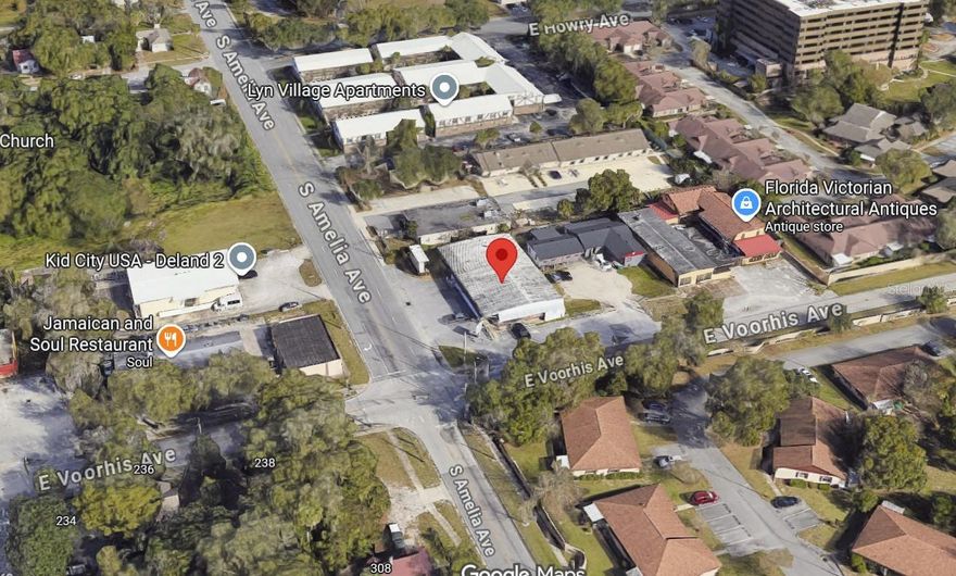 Rare opportunity to own an over 5,000 sf commercial building located at a lighted intersection near historic downtown DeLand.  Zoning is City of DeLand C-2 which allows a myriad of commercial uses, including but not limited to Professional/Medical Offices, Salons, Daycare, Banquet/Catering, Restaurant, Coffee Shop, Retail, and many more!  This building is essentially a large and strongly built open-span steel frame structure with masonry walls and a concrete slab foundation with loading dock.  There has been a partial interior buildout for the current use, but plan on an interior buildout to accommodate future uses.  Buildings like this in a visible and rapidly redeveloping location rarely come up this close to downtown DeLand and Stetson University.  **Sold AS-IS, Information believed correct but buyer to confirm all property information and allowed zoning and use restrictions with the City of DeLand**