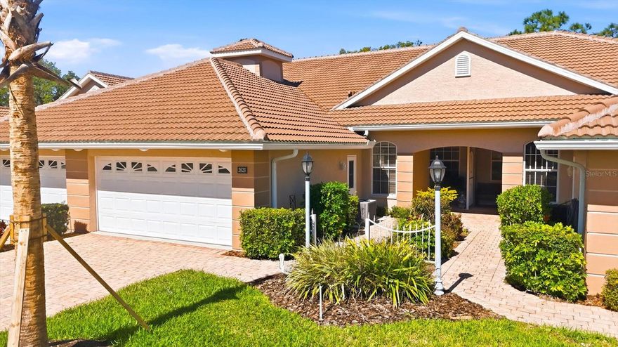 You will love the soaring ceilings and relaxing LAKE VIEW of this FULLY FURNISHED, TURN-KEY, MAINTENANCE FREE VILLA! Flexible floor plan includes a large kitchen and GREAT ROOM to use as you wish. The eat in, oversized kitchen has newer appliances, an array of cabinets, some 42", with counter top lighting and extra storage. There are three bedrooms; one used as a DEN/OFFICE with a full wall built in book case and closet, PLUS a BONUS ROOM/FLORIDA ROOM with sun/privacy shades. Private master suite features include a bump out for extra space, a huge walk in closet and deluxe master bath with dual vanities and large walk in shower. Guest room features double doors and a walk in closet. Plenty of windows throughout all with blinds and custom window treatments. Comfy covered lanai has a brick floor, a ceiling fan, shady tree and is perfect for outside drinks, reading or relaxing! Extra paver patio for grilling or sunbathing. Oversize garage with more storage. Short walking distance to the villas pool and clubhouse that you can use for your events with a catering kitchen or you can also use the master community pool, clubhouse with another catering kitchen, fitness center, tennis and pickleball courts. Scheduled activities are available at both. Golf course is privately owned and closed. The CDD fee is included in the taxes and is not in addition to. Roofs are the responsibility of the Association. Sarasota Emergency Medical Center is right across Toledo Blade along with a fire station, car services, dental, shopping, a new Aldis and Wawa and restaurants. About 3 miles to I75 and Shannon Staub Library or straight down Toledo Blade to US41 and plenty more shops, restaurants, Home Depot, WalMart, Port Charlotte Mall, world class Tarpon fishing and beaches!. Beautiful area beaches are in both directions along with the Legacy Trail Bicycle Path, golf and two major league spring training baseball stadiums. Easy access to I75 about 5 miles away and both Ft Myers Intl and Sarasota airports are about a 35 minute drive. NEW TILE ROOF 10/25  and newly painted exterior! Make this villa your home or winter home today!