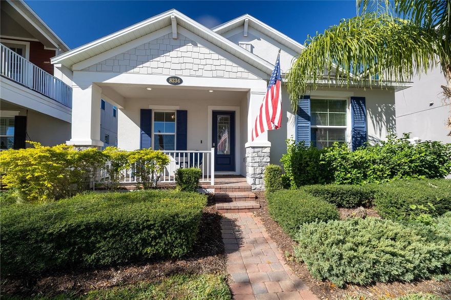 Make this adorably renovated, low maintenance, perfectly located home your number 1 priority to view now!  Watch Disney fireworks from the leisure front porch while enjoying open green space in front of the property.  Beautiful natural light and a well designed open layout with 3 bedrooms plus an additional office and separate laundry room.  Gorgeous fresh design with 2 toned kitchen cabinetry and dark stone countertops give vacation vibes.  Bathrooms have been upgraded too creating a tranquil space, the work is done throughout the home.   Off the covered back porch is a fully fenced modest backyard with artificial grass great for privacy. All appliances are included and sellers will not be taking any furnishings, which will be offered separate from the sell of the property.  The community maintains the exterior landscaping and irrigation system for you!  This location has superb access to restaurants, shopping and Disney theme parks which is only 10 minutes from the property.  The community offers a resort style pool, tennis courts, basketball courts, playground, fitness center, and fishing dock on a beautiful waterfront. Take this opportunity to maximize your lifestyle!  Call to schedule your showing today.