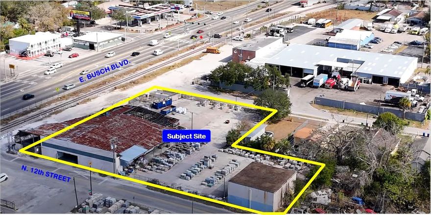 Florida Commercial Group presents industrial property for sale!  
Here is a perfect site for warehouse, manufacturing, light industrial or distribution businesses. Building 1 is an 11,521 +/- SF concrete building with a metal roof comprised of storage space and room for semi and large truck deliveries. There is also a drive-in-loading door that fronts 12th Street. The building’s clear height is 20’.  Building 2 is 1,760+/- SF, is concrete block, with 20’ ceilings, two drive in bay doors and concrete floors.  The property is fully fenced as well.  The space of these buildings allows for plenty of room for vertical storage of inventory or high-volume material/ product deliveries and manufacturing/ assembling.
The buildings sit on just under an acre (.80 acres) and offer direct visibility from Busch Blvd.  This is a great opportunity for an investor seeking an opportunity to own/ use an industrial piece of property.  There is also plenty of onsite parking.  Call today for a showing.