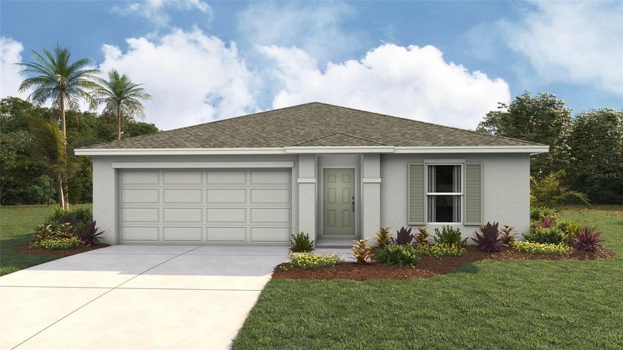 Under Construction. This single-story, all concrete block constructed 3 bedroom, 2 bathroom home features an open concept floorplan that optimizes living space. The spacious kitchen overlooks the great room, dining area, and outdoor patio. The kitchen comes full equipped with stainless-steel appliances including a built-in dishwasher, range, and microwave. The primary suite is located towards the back of the home, featuring a spacious walk-in closet and ensuite bathroom with double vanity sinks. Two additional bedrooms are located towards the front of the home and share a bathroom across the hall. Pictures, photographs, colors, features, and sizes are for illustration purposes only and will vary from the homes as built. Home and community information including pricing, included features, terms, availability and amenities are subject to change and prior sale at any time without notice or obligation. CRC057592.