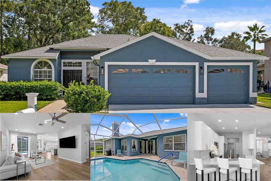Westchase area – just minutes from Waterchase in Tampa – this stunning single-level luxury home at 15709 Muirfield Drive offers fully remodeled living in The Eagles, one of Tampa Bay’s premier golf and gated communities. Featuring 3 bedrooms, 2 bathrooms, a 3-car garage, and a private pool, this beautifully updated former model home was completely renovated in 2024 with high-quality materials and craftsmanship. Set on a serene conservation lot with no backyard neighbors and 30 feet above sea level. Surrounded by nature and friendly deer but yet ideally located near Westchase shopping and dining, with easy access to Hyde Park Village and Channelside in about 30 minutes, Palm Harbor in 25 minutes, and Clearwater Beach in 35 minutes, this home combines resort-style golf living with everyday convenience.Surrounded by nature and local wildlife, it offers a rare blend of tranquility and luxury, zoned to top-rated Mary Bryant, Farnell, and Sickles schools.

Inside, the open floor plan is bright and welcoming. The family room features a stacked stone fireplace, adding warmth and sophistication. The brand-new kitchen, remodeled in 2024, showcases 42-inch real wood cabinets, quartz countertops, a full quartz backsplash, and new stainless steel Whirlpool appliances. Luxury waterproof vinyl flooring by McMillan (with a 25-year warranty) runs seamlessly throughout. Fresh paint, new lighting, curtains, and blinds give the home a clean, modern feel.

The primary suite offers a spa-like bath, completely renovated in 2024 with a double vanity, quartz counters, updated tile, fixtures, mirrors, and flooring. The second bathroom was also redone in 2024, with fresh tile, vanity, lighting, and fixtures. Every interior door has been repainted and upgraded with new hinges and hardware. Ceilings have been retextured and repainted, with popcorn removed for a modern finish.

Outside, the pool was fully updated in 2024 with new travertine tile, Krystalkrete quartz finish, new pavers, skimmer, and drain system. The backyard is a private oasis, complemented by refreshed landscaping and a full property pressure wash.

Important updates include a new 5-ton Rheem AC installed in May 2024, a new electric panel in January 2024, and brand-new window treatments throughout for added comfort and efficiency.

The Eagles Community is a premier, deed-restricted neighborhood located in the heart of Hillsborough County, Florida. Our community spans over 1,000 acres of lush landscapes, featuring two 18-hole championship golf courses, beautiful conservation areas, and an array of luxurious amenities. With private roads and gated entrances, The Eagles offers a secure and serene environment where residents can enjoy the best of both nature and modern living.Within the Eagles community, residents enjoy 24/7 security, a golf course with clubhouse, basketball courts, and an on-site restaurant. Low HOA fees of about $122/month and no CDD fees. Convenient access to shopping and dining just 25 minutes from Tampa International Airport and Gulf beaches.  
This home blends modern updates with serene surroundings and top community amenities. Move-in ready and waiting for its next owner-schedule your private showing today.